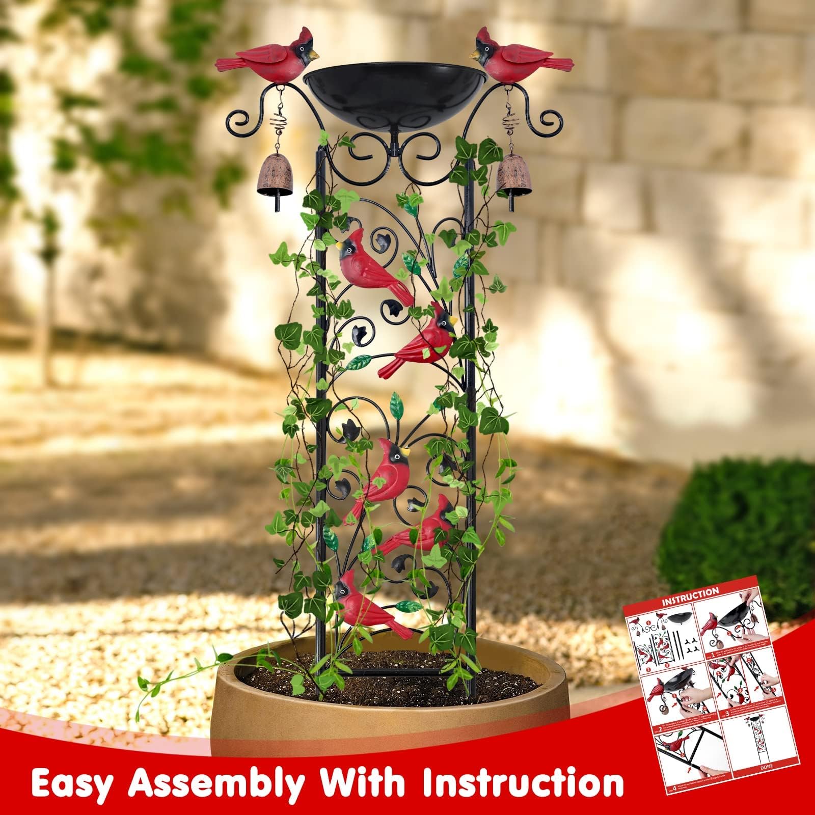 Cardinal Bird Bath Garden Trellis for Climbing Plants Outdoor Wind Chime Decor Red Birds Feeder Yard Sign Spring Lawn Decorations Housewarming Christmas Appear Memorial Gift for Bird Watcher Gardener