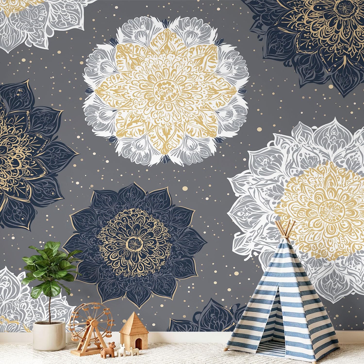 Papier peint panoramique mandala gris 400x280 cm pour grand mur de salon