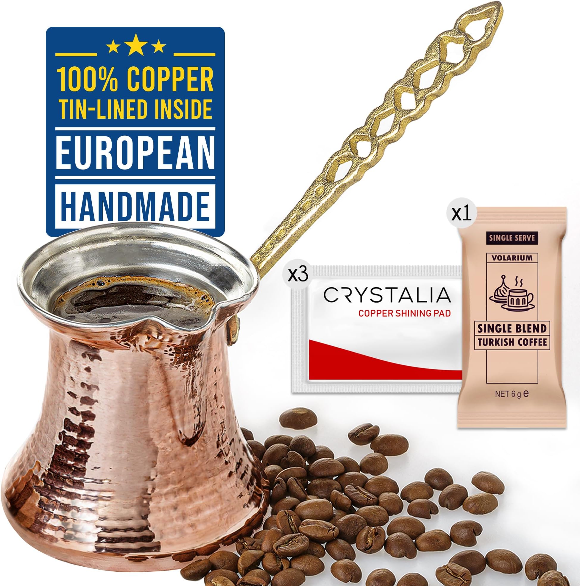 CRYSTALIA Premium Quality Handmade Turkish Coffee Pot, Turkish Coffee Maker, Cezve, Greek Arabic Coffee Pot, Hammered Copper Coffe Pot, Butter Pot, Copper Pot, Jazzve