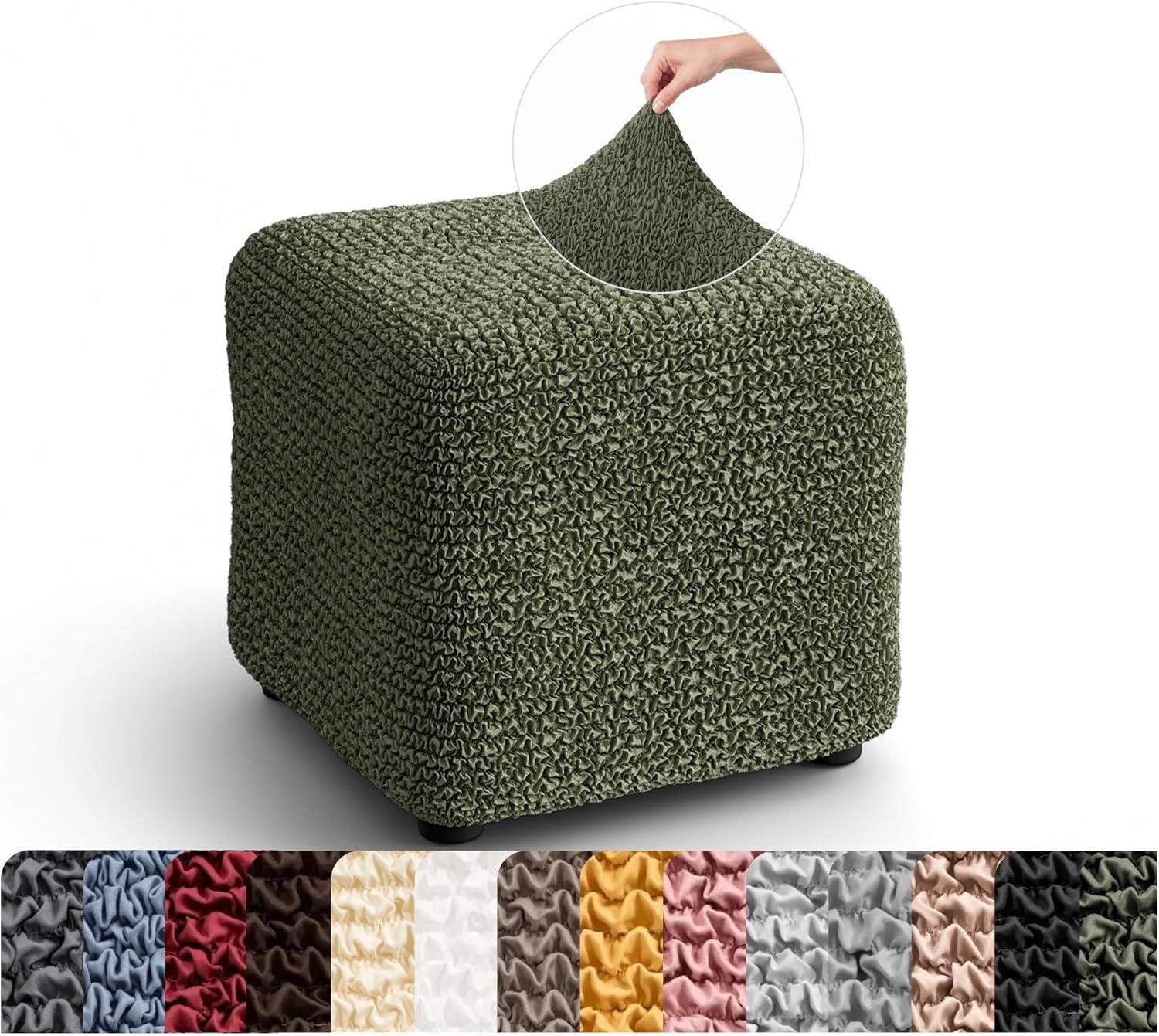PAULATO BY GA.I.CO. Stretch Ottoman Slipcover 1-Piece – Bi-Elastic Foot Stool Cover for Square or Rectangle Pouf – Furniture Protector Machine Washable – Moss Green (3. Small)