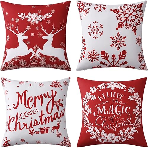 RUGSREAL Christmas Pillow Covers 18x18 Set of 4 Farmhouse Throw Pillowcase Xmas Snowflakes Deer Throw Pillow Cover Velvet Pillow Case for Couch Sofa Bed Bedroom Car Living Room