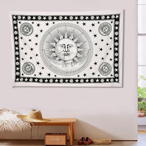 Miniatura 3 de ANJANIYA Tapiz de mandala de teñido anudado, celestial, sol, luna, estrella, planeta, bohemio, tarot, tapiz bohemio para colgar en la pared para