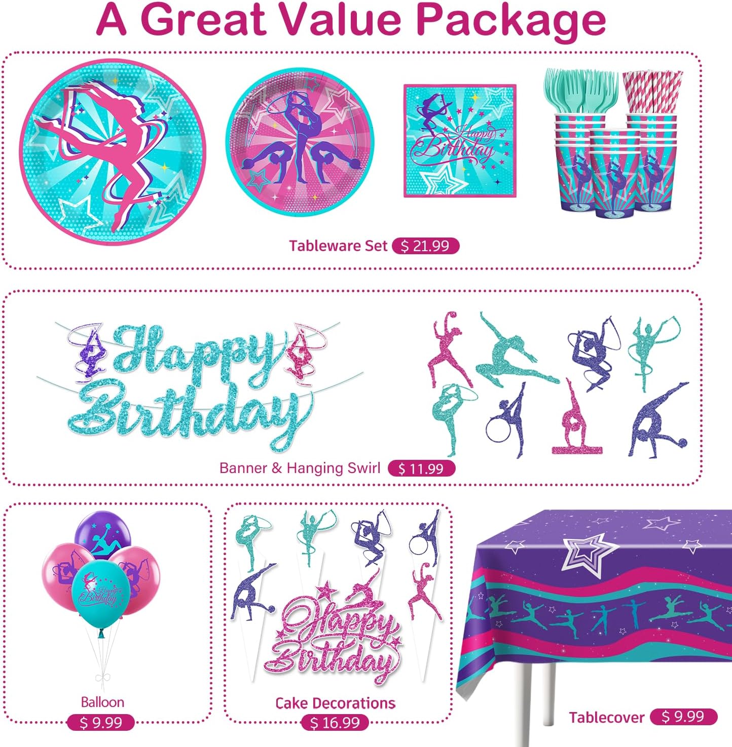 186 Pcs Gymnastics Birthday Party Decorations, Serves 20 Guests, with Banner, Backdrop, Cake Topper, Plates and Napkins, for Gymnastics Party
