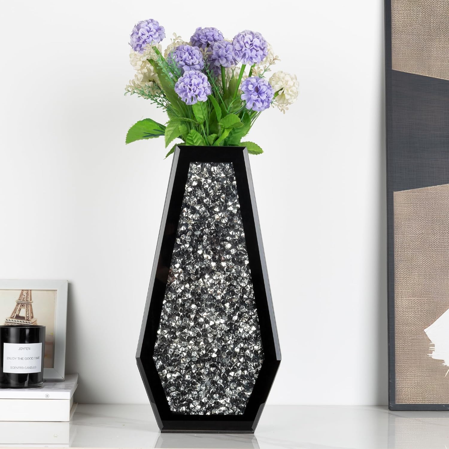 SHYFOY Black Flower Vase Crushed Diamond Glass Vase Large Mirrored Crystal Vases for Centerpieces Tall Floor Vases for Dried and Artificial Flowers Home Decor, Can’t Hold Water - Image 3