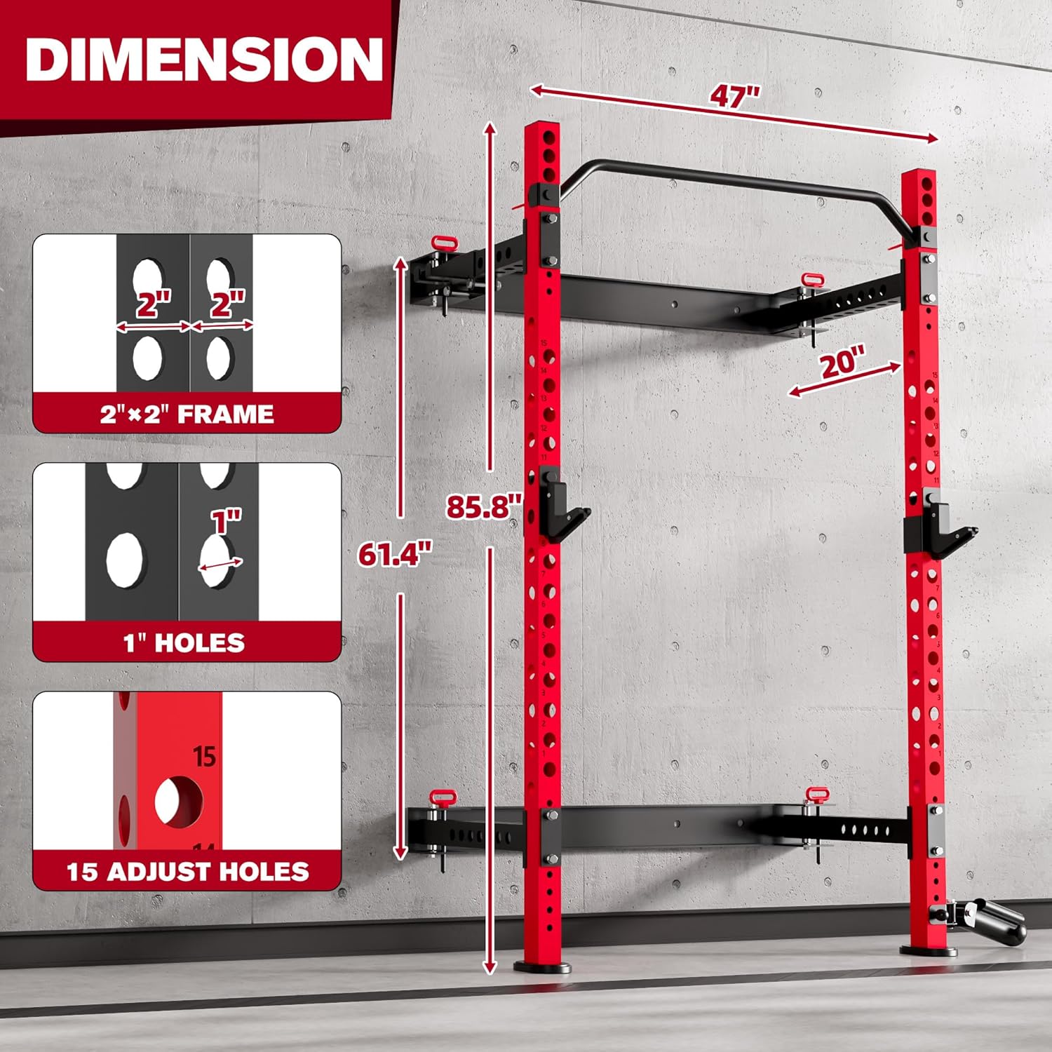 MU 2" x 2" Folding Squat Rack, 1100LBS Wall Mounted Power Rack with Adjustable Pull Up Bar, J Hooks, Landmine, Foldable Squat Rack for Home Gym, Garage, Training Studios (Black and Red)