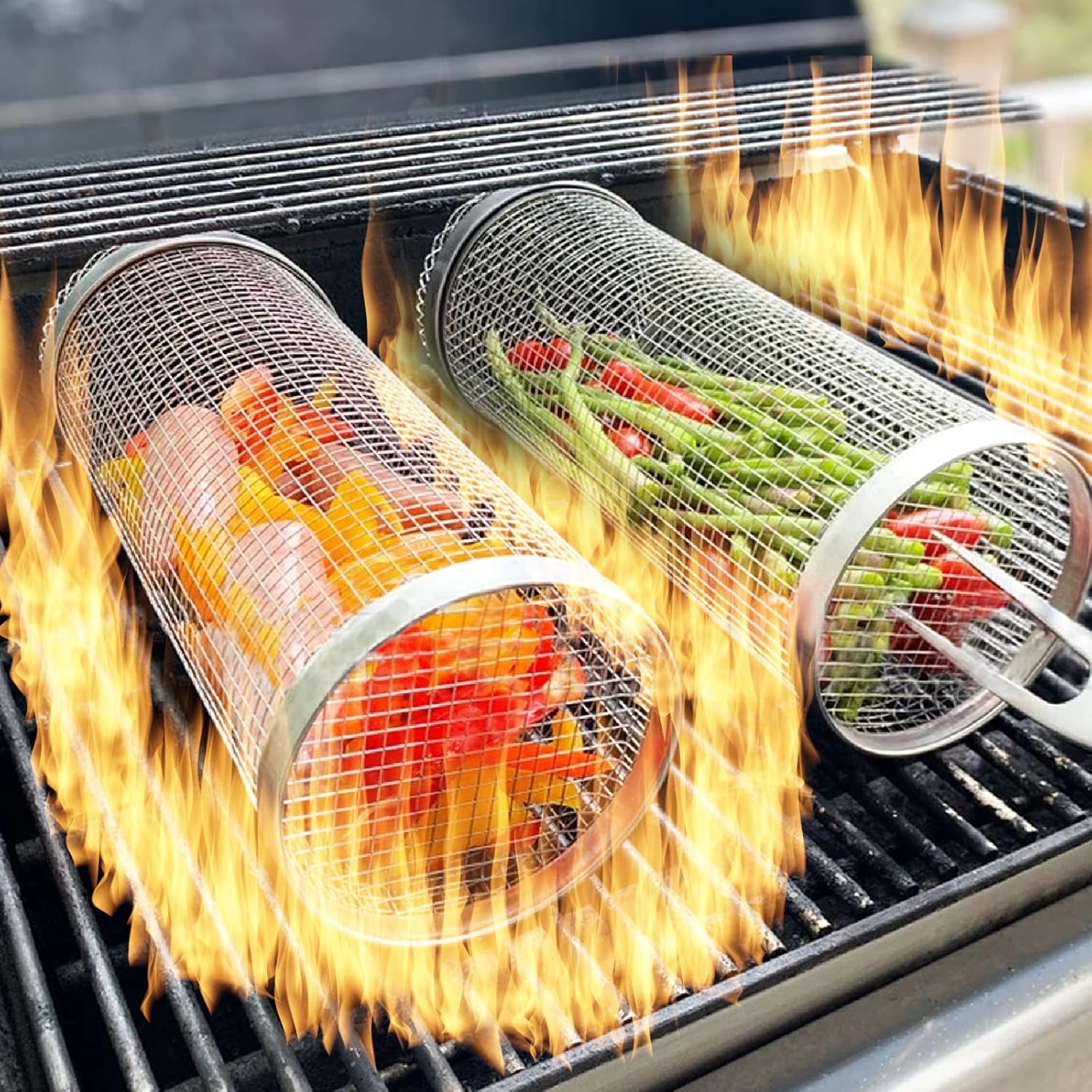 2 PCS 8 Inch Rolling Grilling Basket,304 Stainless Steel BBQ Net Tube for Fruits/Vegetables/Meatballs/Sausage/Fish,for Family Gatherings/Party/Camping/Picnic/Barbecue (2pcs-8inch no fork)