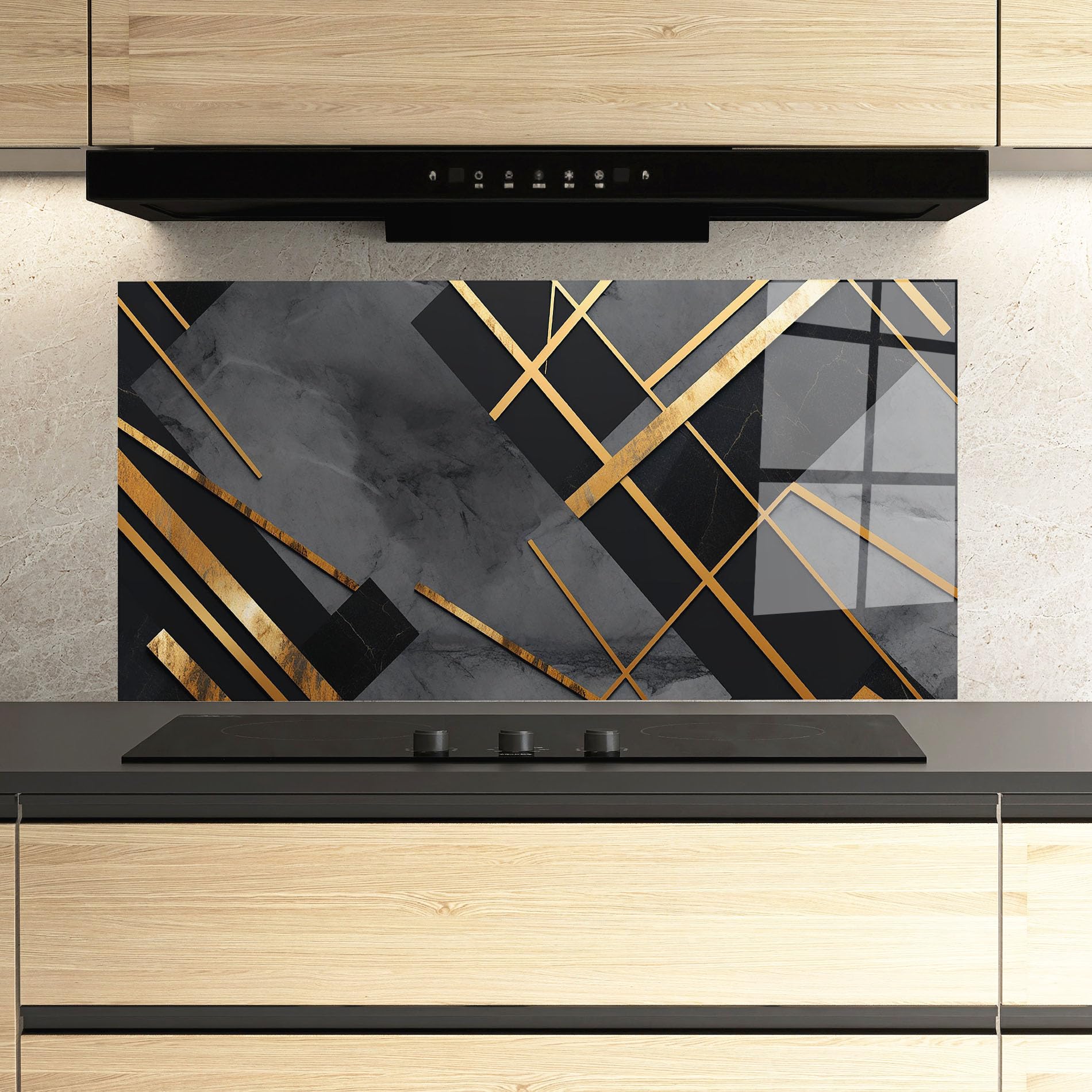ARTHUB® Crédence de Cuisine en Verre 60x120 cm, Grey Painting with Gold Lines | Protection Contre Les éclaboussures, Revêtement Mural en Carreaux, Plaque en Verre, Verre trempé, Abstrait