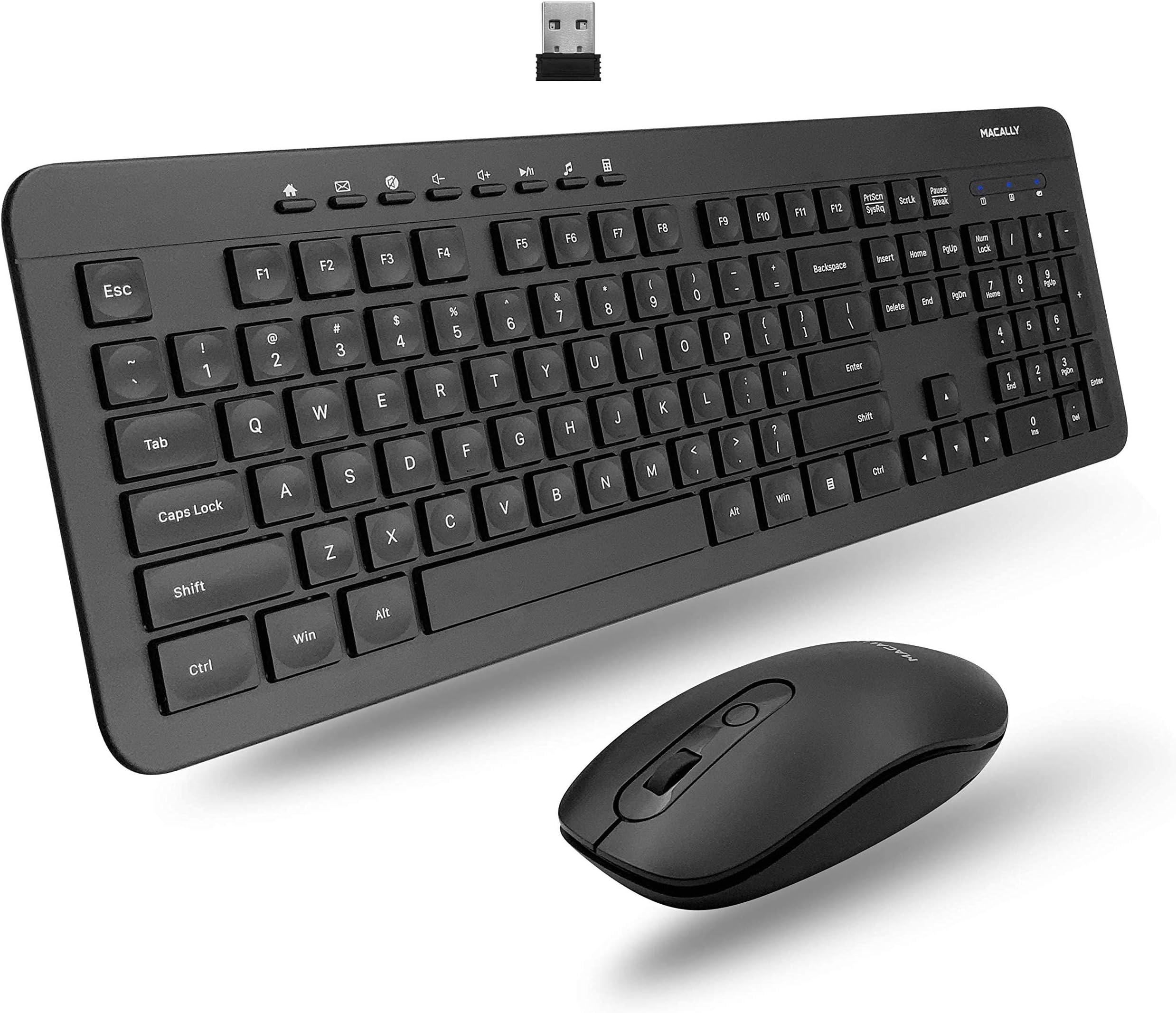 Macally Wireless Keyboard and Mouse Combo - 2.4G Ergonomic Wireless Keyboard and Mouse for Windows PC - Plug & Play Full Size