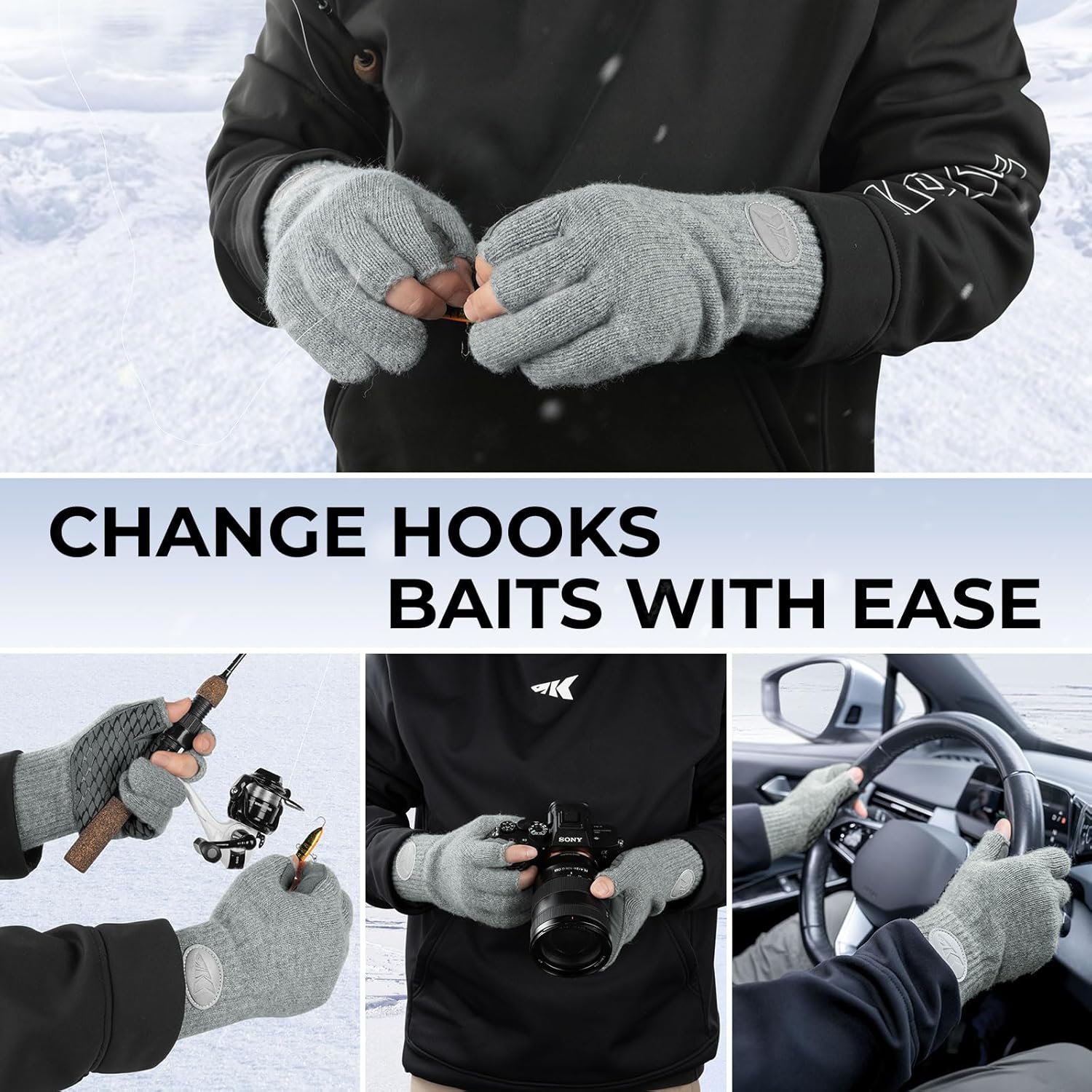 KastKing Bully Wooly 3-Cut Fingerless Wool Fishing Gloves, Cold Weather Warm Winter Gloves for Men & Women, Ice Fishing - Image 2