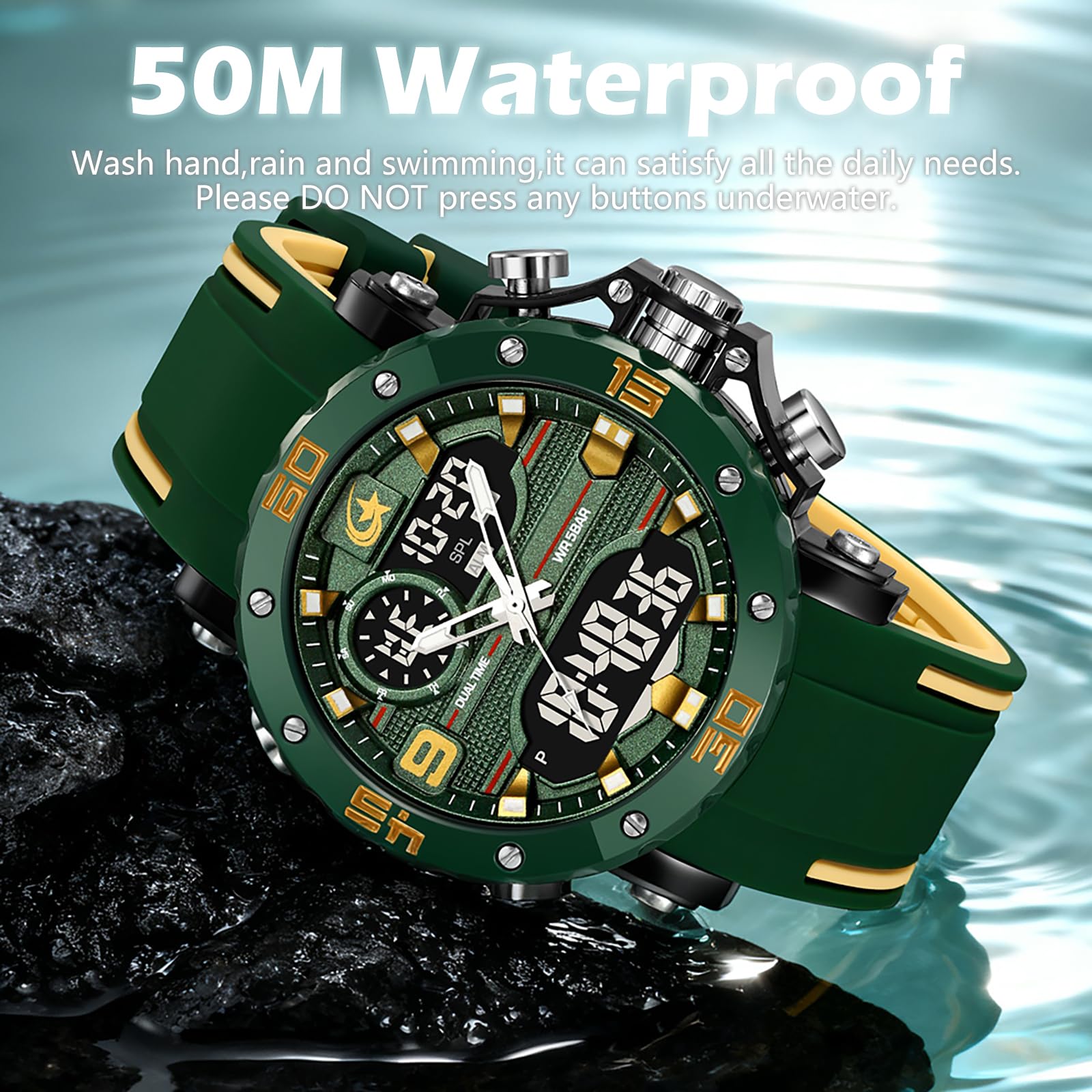 findtime Orologio da uomo digitale analogico sportivo, quadrante unico, sveglia, cronometro, conto alla rovescia, tattico, da uomo, orologio da corsa in silicone
