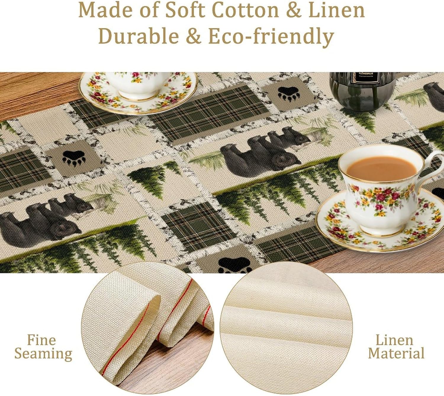 Country Lodge Bear Deer Table Runner, Retro Vintage Bear Cottage Country Style Cabin Farmhouse Dinner Runner for Home Kitchen Dining Table Decoration,90X13inch