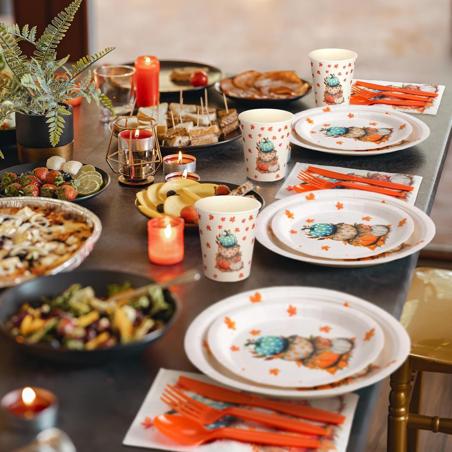 Sinmoe 400 Pcs Thanksgiving Party Supplies Dinnerware for 50 Guest Fall Paper Plate and Napkin Cup Knife Spoon Autumn Pumpkin Leaves Harvest Disposable Autumn Party Tableware(Orange,Fall Pumpkin)