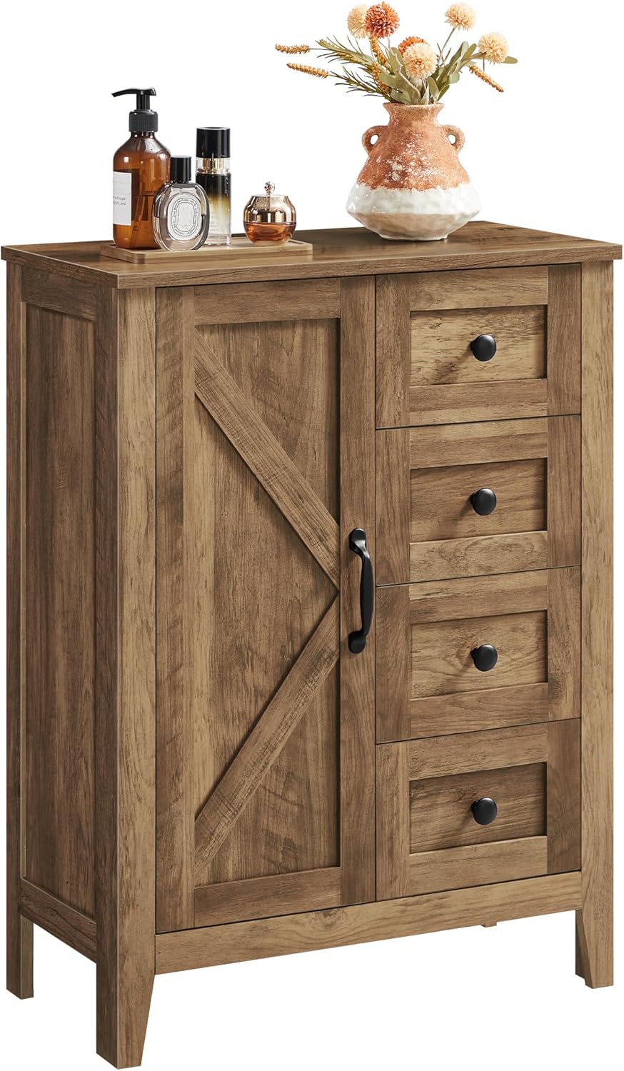 VASAGLE LIRY Collection - Farmhouse Storage Cabinet, Bathroom Floor Cabinet with Barn Doors, Freestanding Kitchen Pantry, Adjustable Shelves, for Dining Room, Living Room, Honey Brown, UBBK773K01