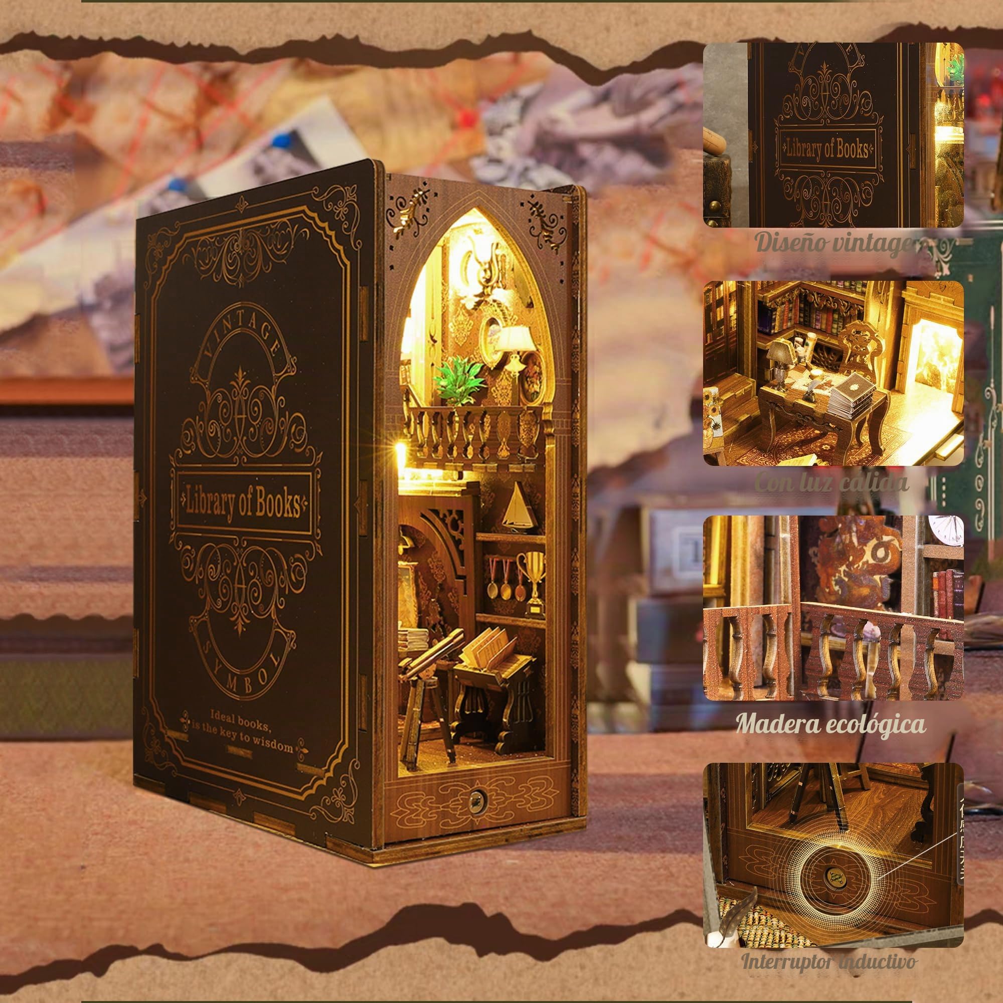 DIY Book Nook Kit, MOJINO Casa de muñecas en Miniatura de Madera con Muebles y Luces LED, Decoración Creativa de estanterías Cumpleaños niños y niñas