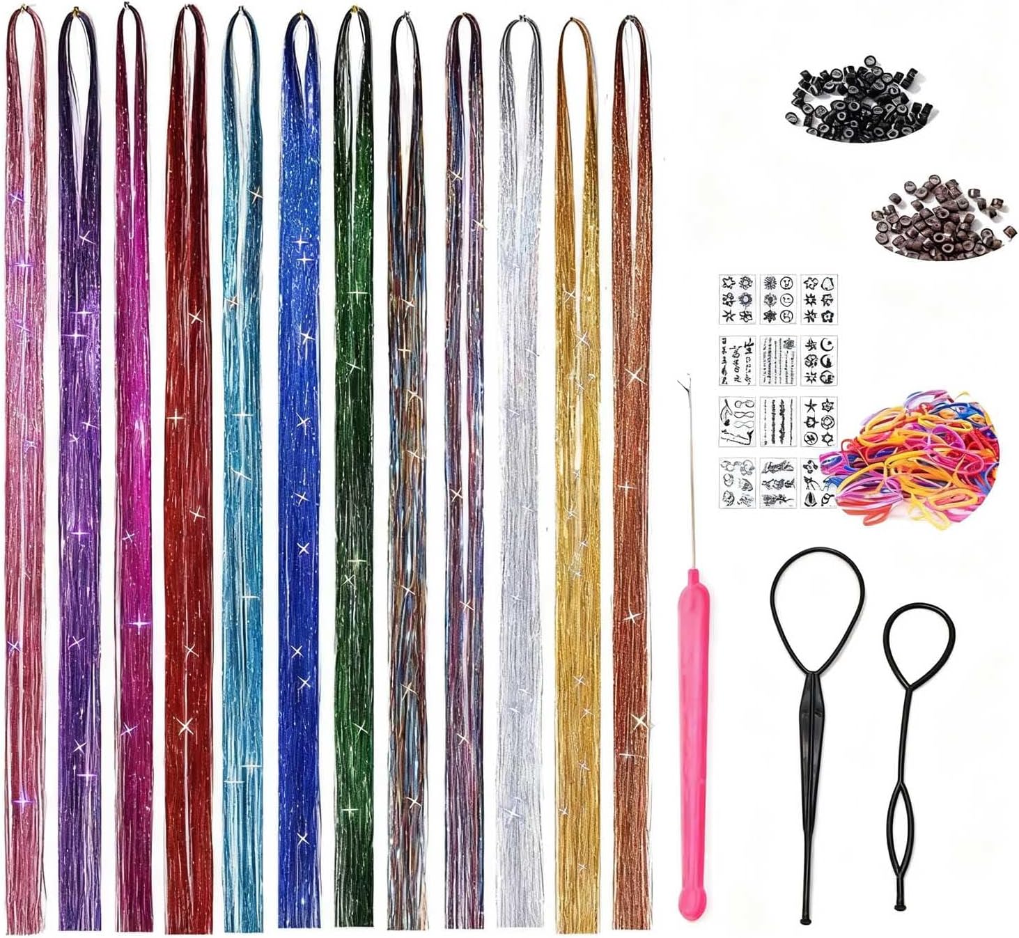 Hair Tinsel, Hair Tinsel Kit with Tools, Tinsel Hair Extensions, 12 Colors 2400 Strands Fairy Hair Tinsel Heat Resistant 48 Inch Hair Glitter
