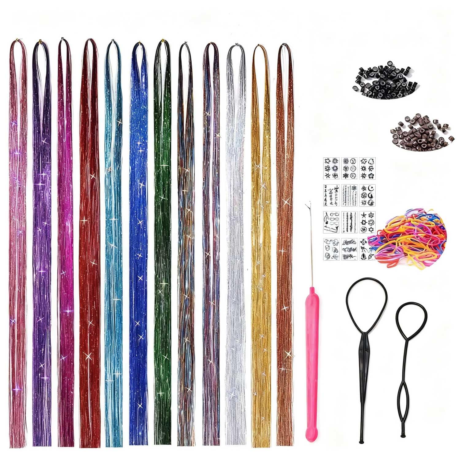 Hair Tinsel, Hair Tinsel Kit with Tools, Tinsel Hair Extensions, 12 Colors 2400 Strands Fairy Hair Tinsel Heat Resistant 48 Inch Hair Glitter