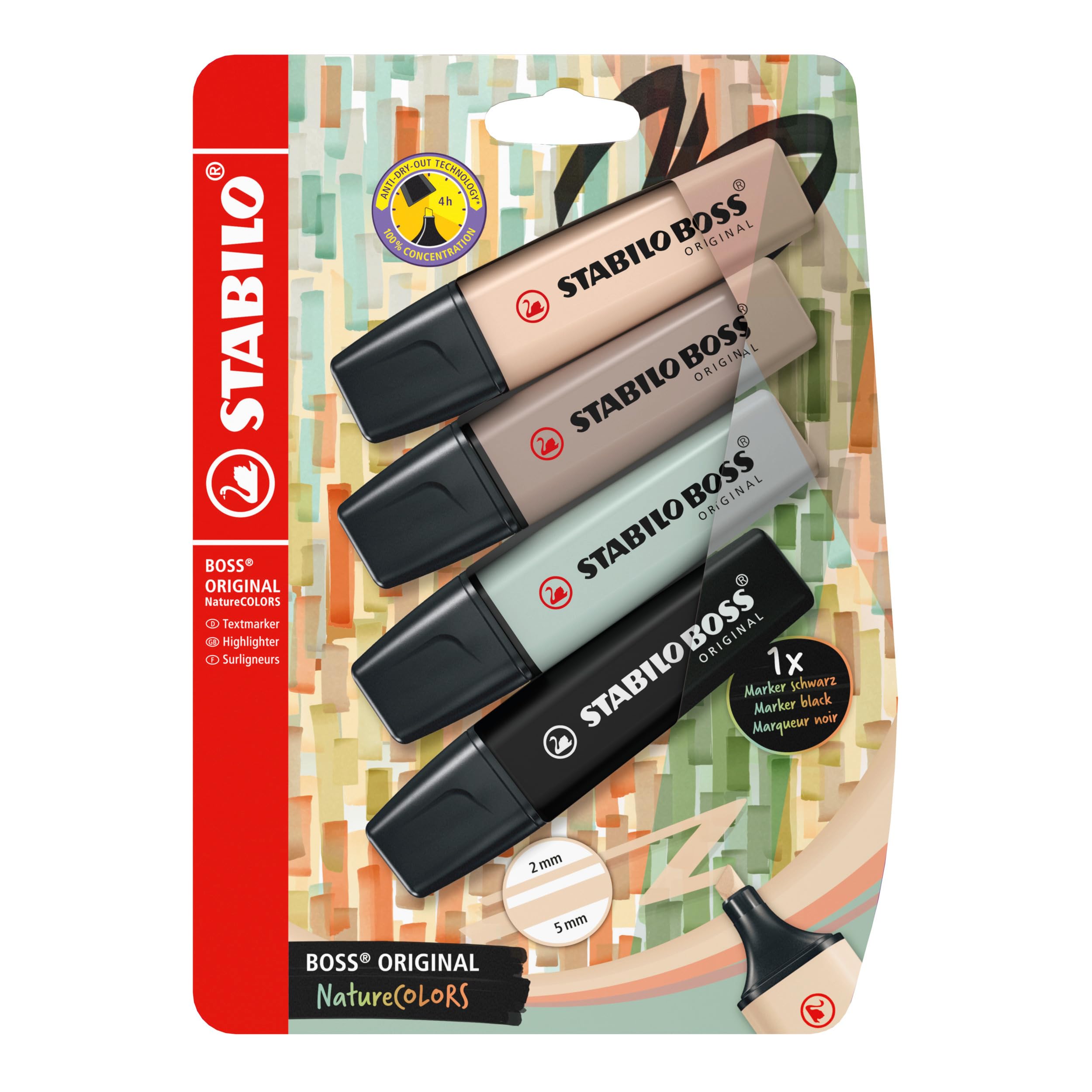 STABILO BOSS ORIGINAL NatureCOLORS - Highlighter - Pack of 4 - Beige, Warm Grey, Earth Green, Black, 4 count (Pack of 1)