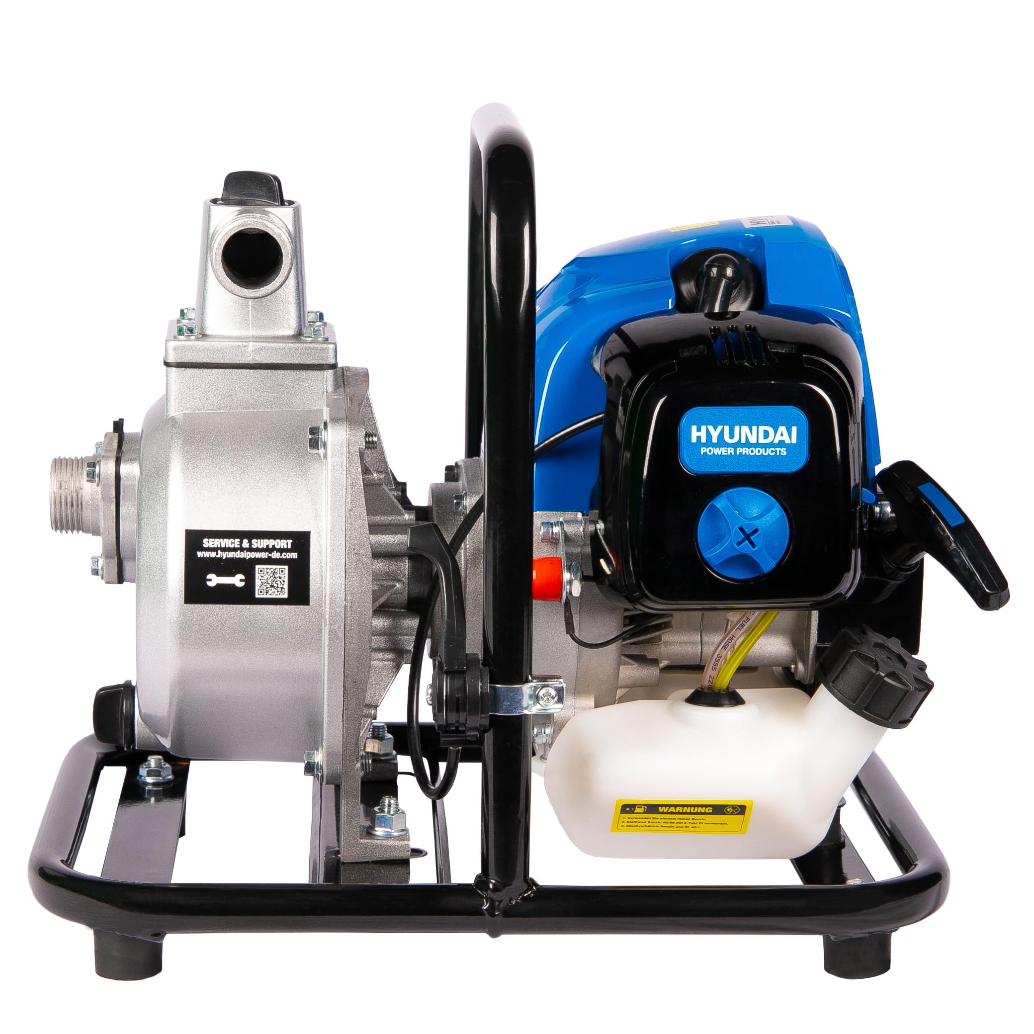 HYUNDAI Benzin Wasserpumpe GWP25052 – 1.84 PS, 2-Takt Motorpumpe, 8.000 l/h Förderleistung, 25 m Förderhöhe, mobile Gartenpumpe, Teichpumpe für Entwässerung & Bewässerung