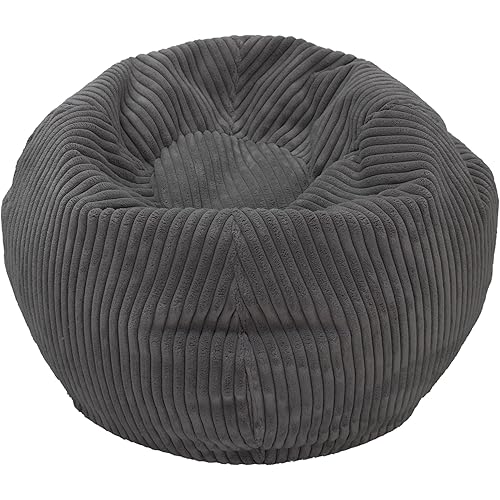 Factory Direct Partners 30" Soft, Plush Corduroy Bean Bag Chair, Furniture for Kid's Bedroom, Playroom, Rec Room; Perfect for Reading or Relaxing; Complete, Filled, Ready to Use - Dark Gray, 14623-DG