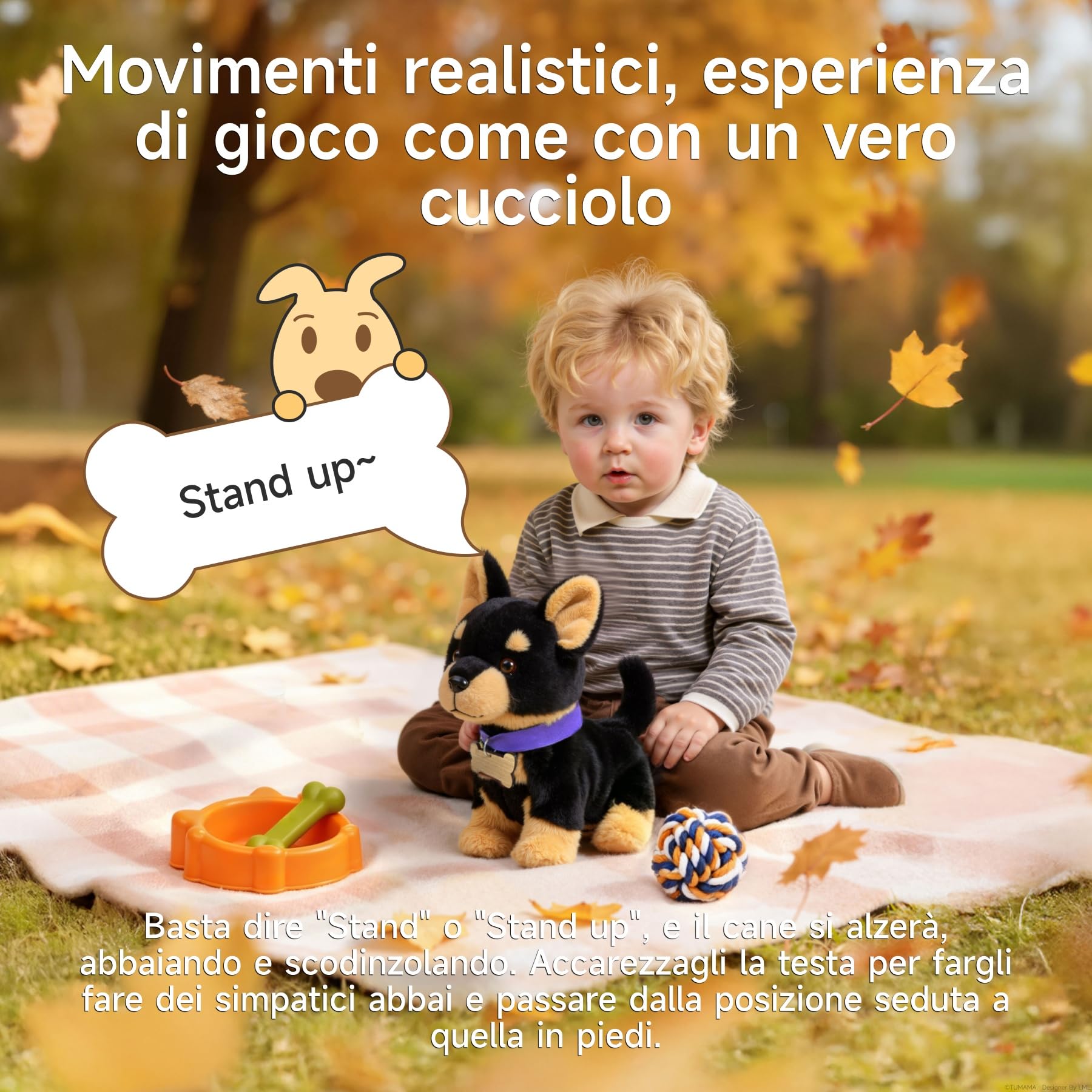 TUMAMA KIDS Giocattolo per Cani Che Cammina e Canta, Cucciolo di Peluche | Cagnolino giocattolo che cammina e abbaia, comando vocale, scodinzola, annuisce con la testa, canta