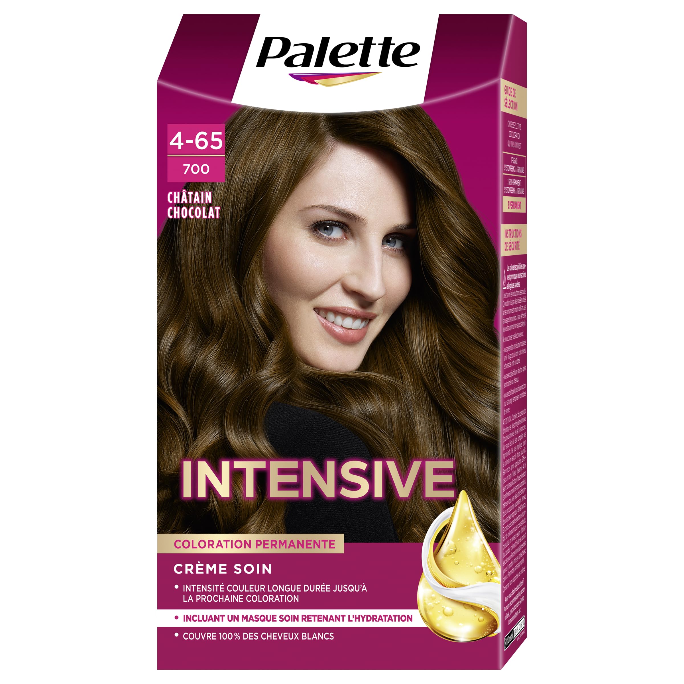 Palette, Palette, coloration permanente creme soin, couverture 100% cheveux blancs, couleur longue duree jusqu’a la prochaine coloration, 4.65 (700) chatain chocolat
