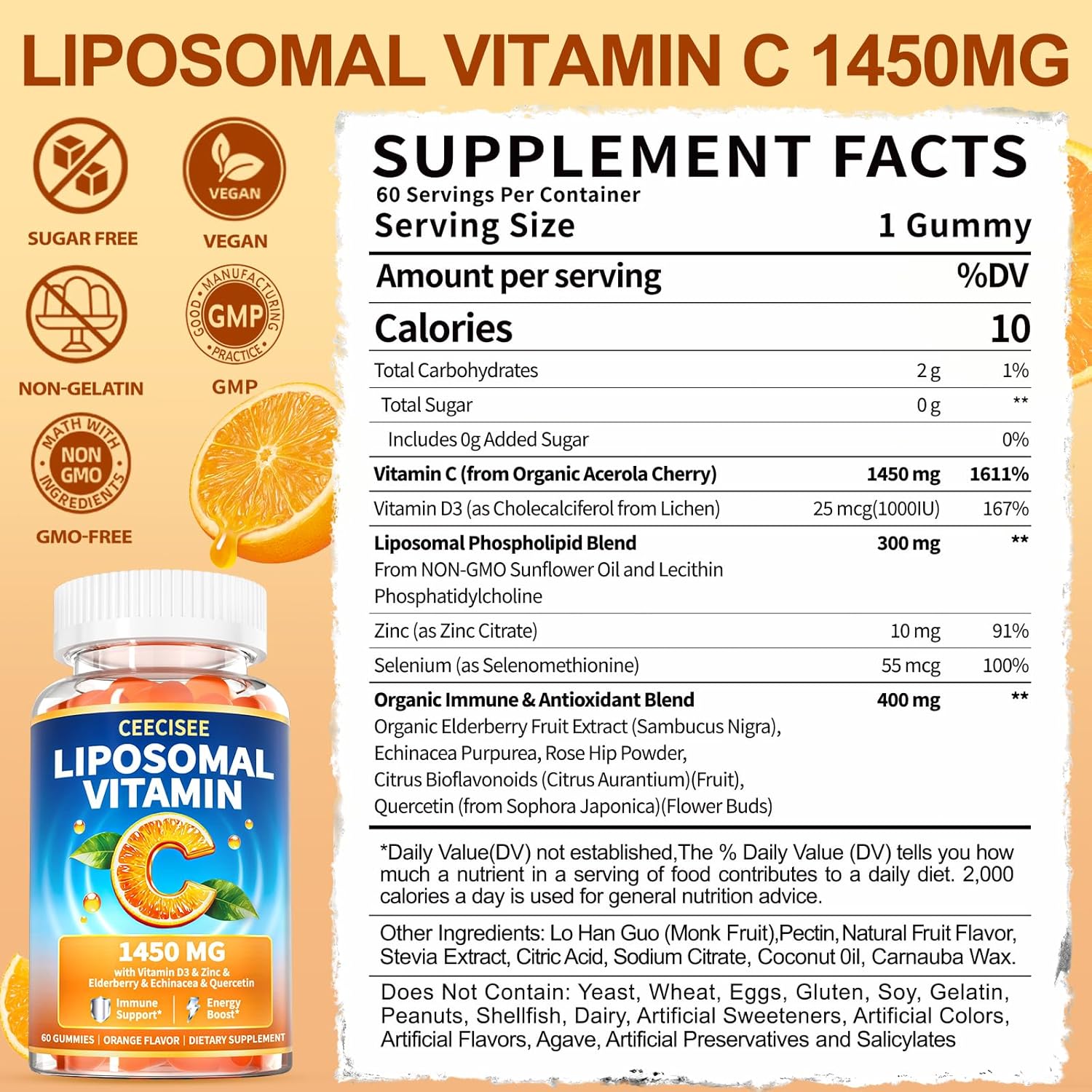 Liposomal Vitamin C Gummy for Adults: Organic Chewable Extra Strength Vitamin C and Zinc Gummies Plus Zinc D3 Elderberry Echinacea - Natural Orange Flavor Sugar Free Immune Support(120Count)