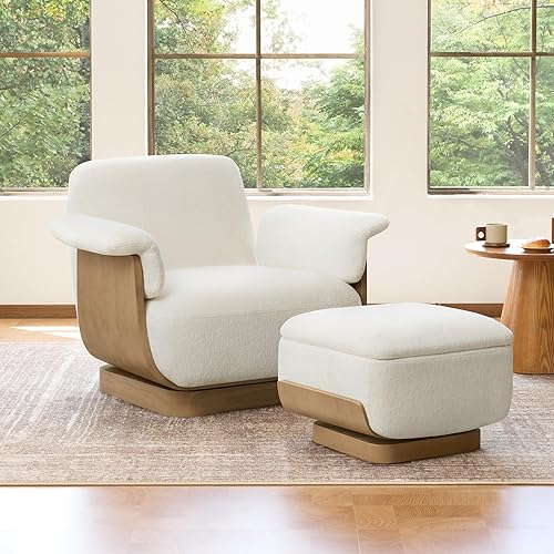 CHITA Fabric Reclining Swivel Chair with Storage Ottoman, Modern Living Room Accent Chair with Lounge Seat for Bedroom, Office, Cream