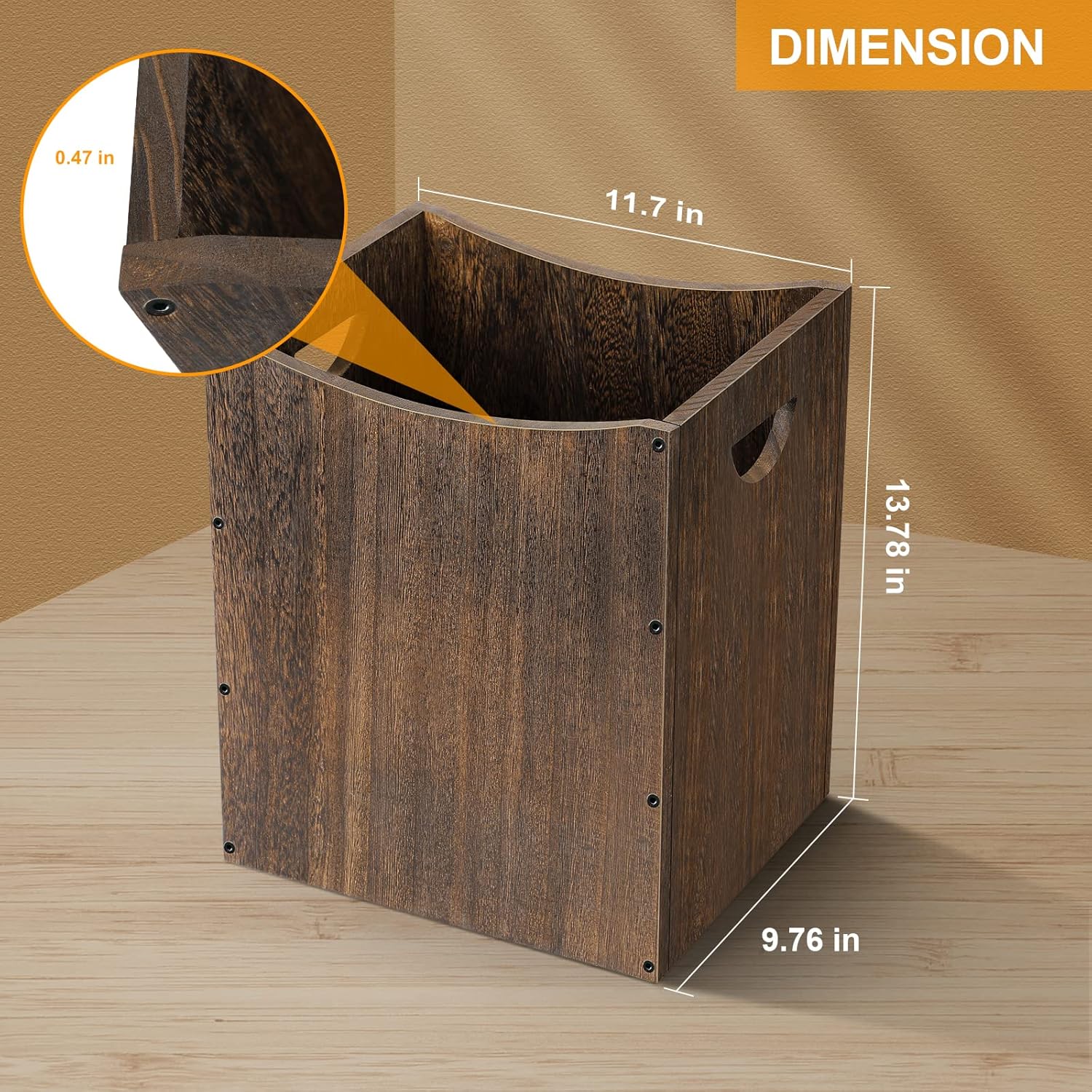 Vrisa Wood Trash Can 5.3 Gallon Office Wastebasket Farmhouse Rectangular Garbage Can with Built-in Handles Small Trash Can for Bedroom Office Kitchen Bathroom Under Desk Large Storage