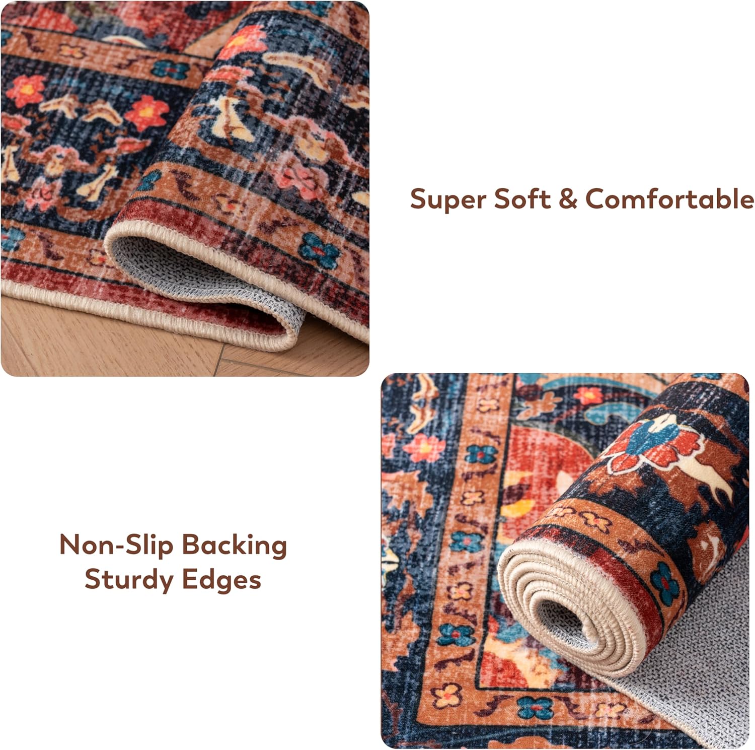 4x6 Washable Area Rug for Living Room, Bedroom & Dining Room - Non-Slip Durable Vintage Retro Carpet with Stain Resistant Easy Clean, Kid & Pet Friendly (Brown/Navy)