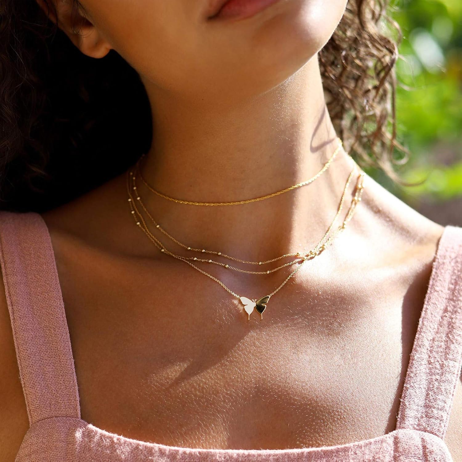 Dainty Layered Necklace 14K Gold Plated Butterfly Lock Cross Evil Eye Pendant Necklace Round Disc Delicate Tiny Cute Minimalist Charm Personalized Protection Layer Necklace Women Gift for Her - Image 3