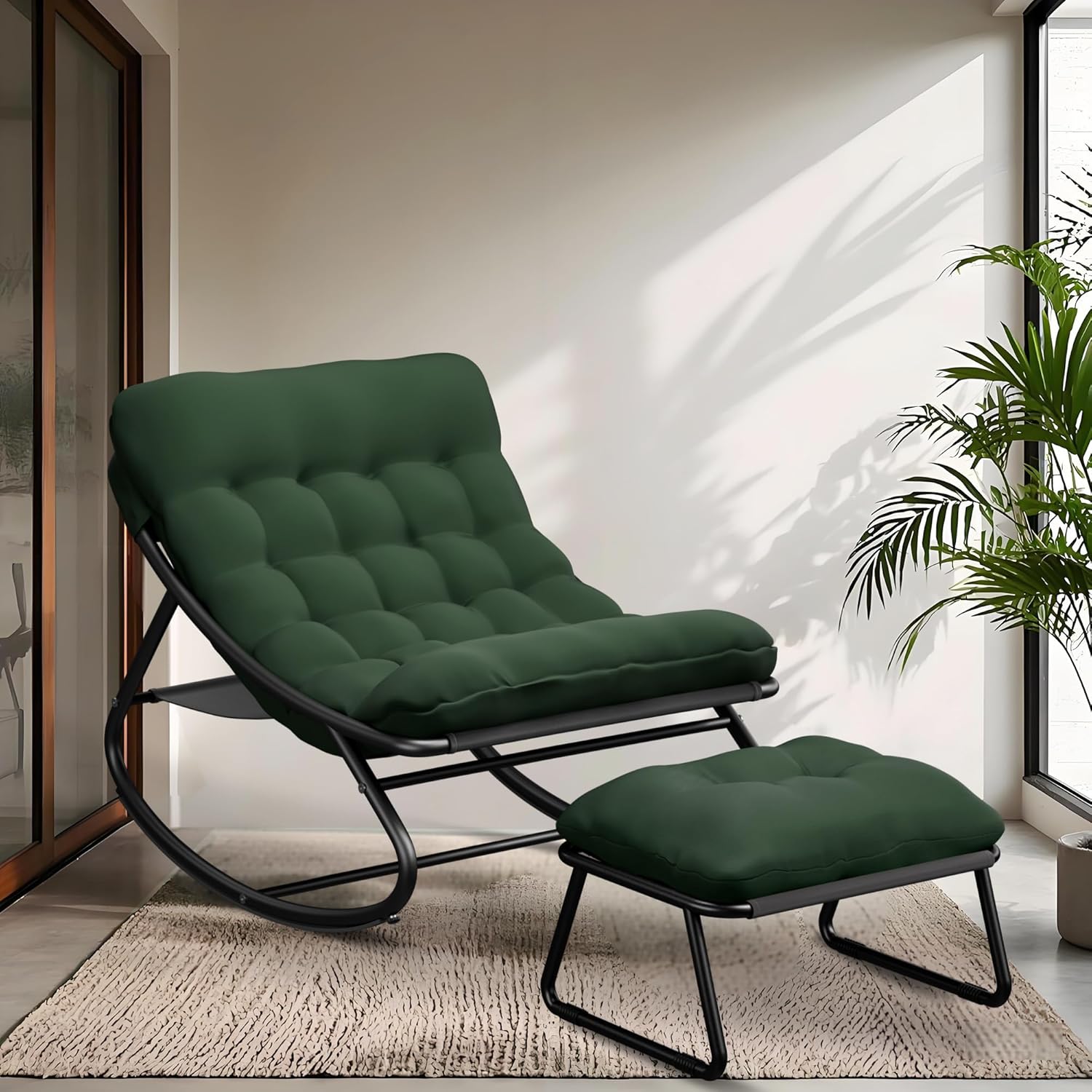 Outdoor Rocking Chair, Oversized Patio Papasan Rocking Chair with Cushion, Modern Comfy Lounge Rocker Chairs for Indoor Balcony Porch (Green)