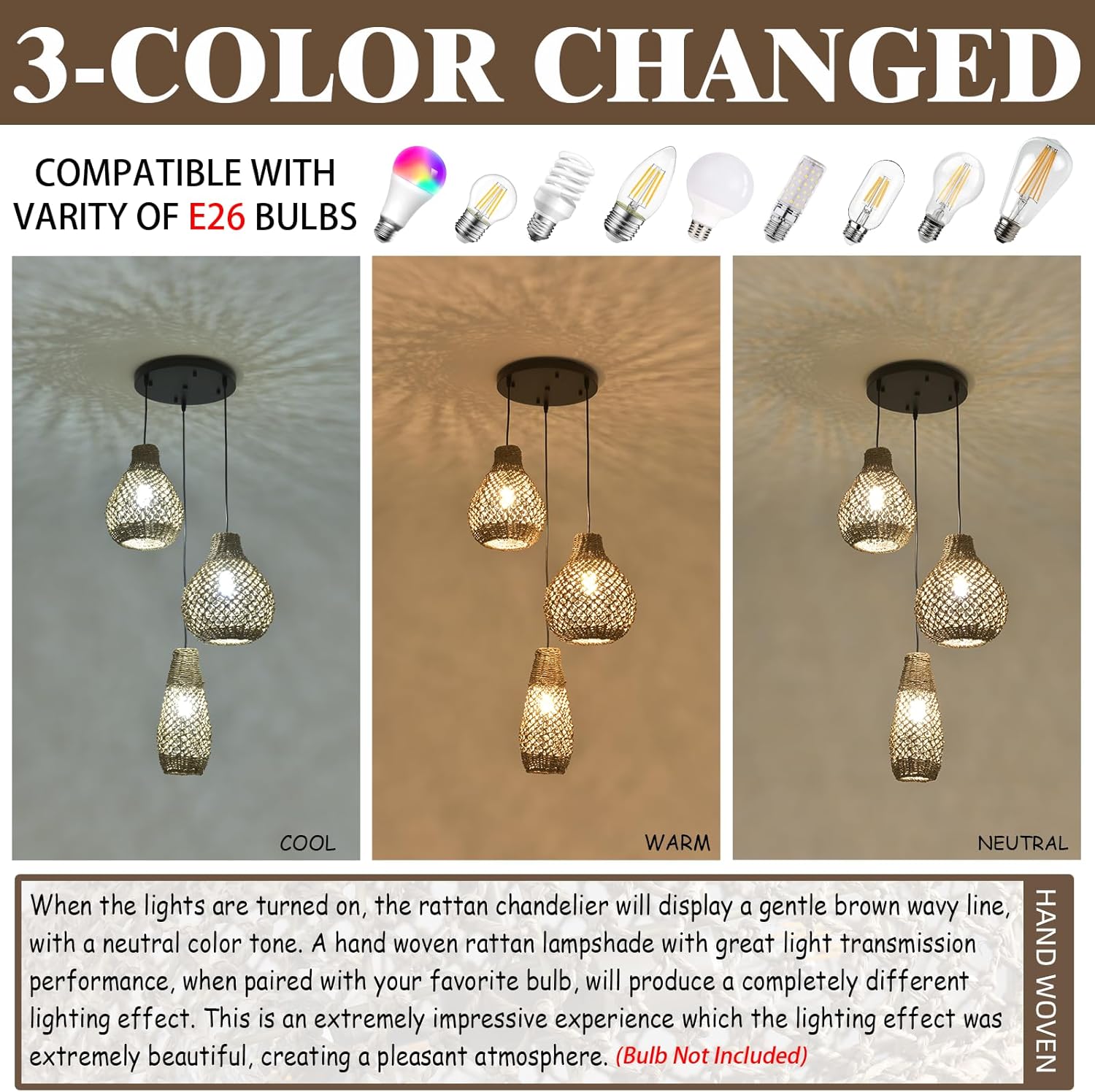 3-Lights Rattan Pendant Light Fixture,Boho Hand Woven Wicker Seagrass Farmhouse Ceiling Hanging Lighting,for Kitchen Island Dining Room, Restaurant, Hallway, Foyer,