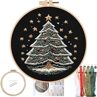 FONNUY Christmas Embroidery Kit for Beginners, Cross Stitch Set Winter Snow House Scene Pine Owl Pattern for Adults, Easy to Follow Color Thread Needlework, 8'' Hoop (Snow Tree)