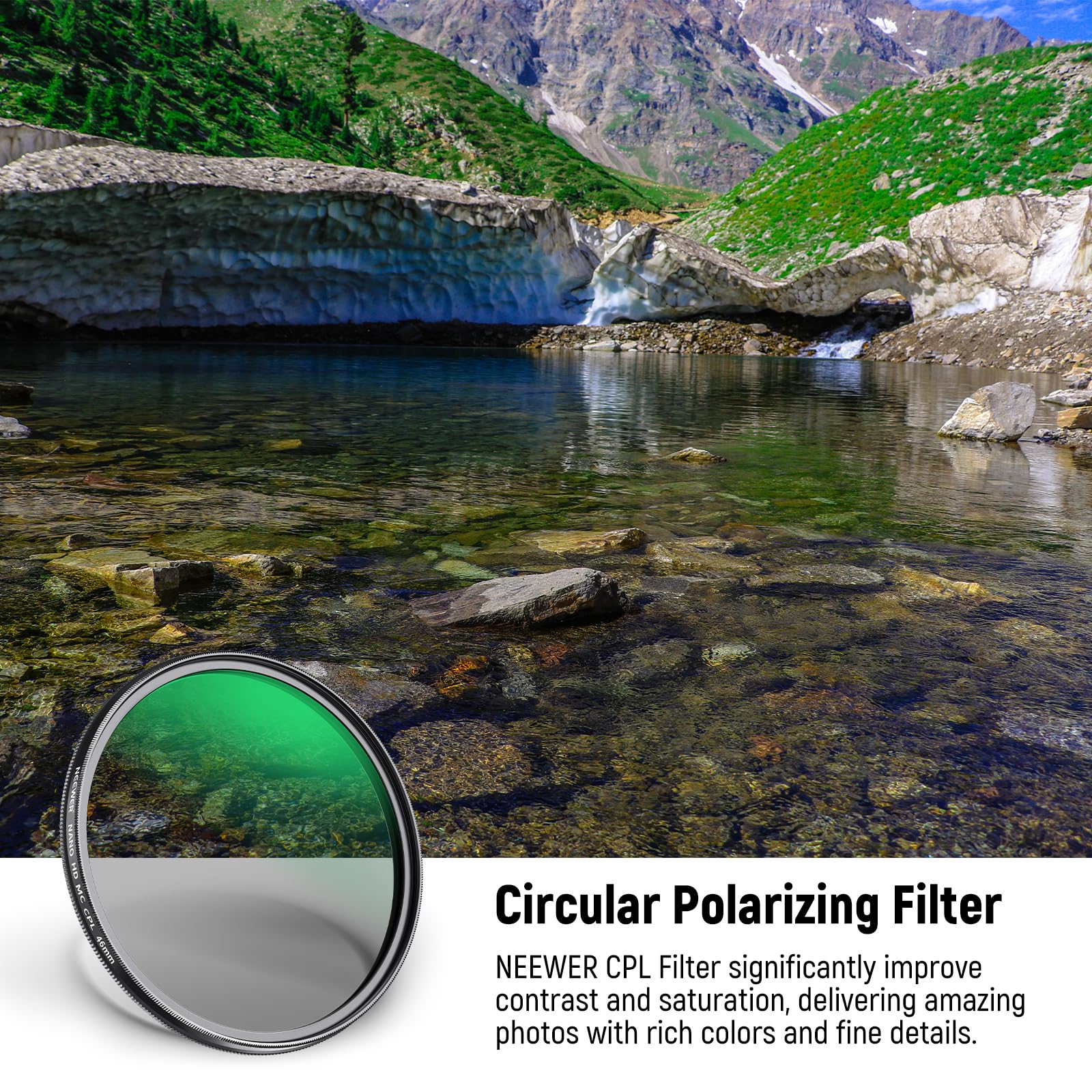 NEEWER Polarising Filter 46 mm, Circular Polarising Filter MC CPL with 24-Layer Nano Coating and HD/Ultra Thin Optical Glass - Image 2