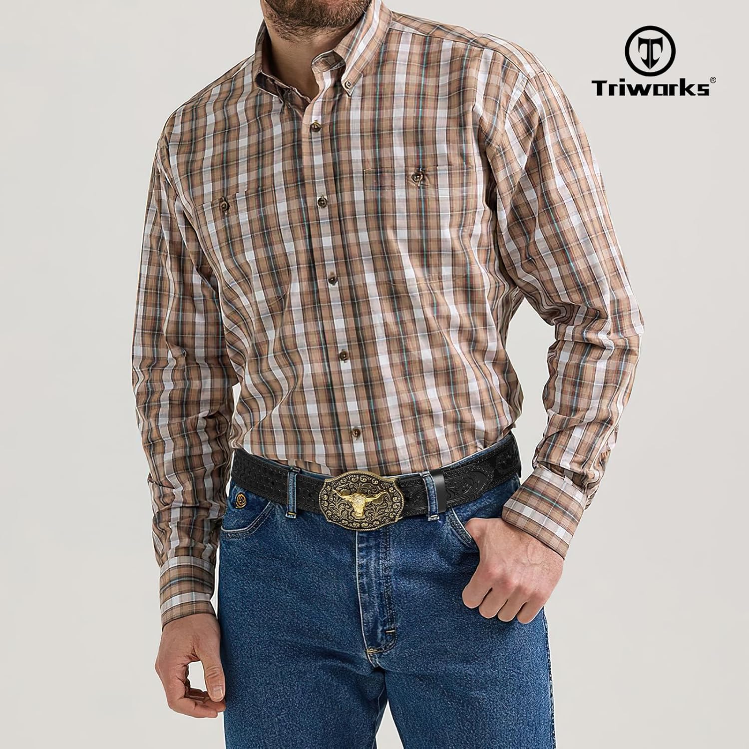TRIWORKS Western Cowboy Leather Belt for Men Women Cowgirl, Western Buckle Belt for Jeans - Image 2