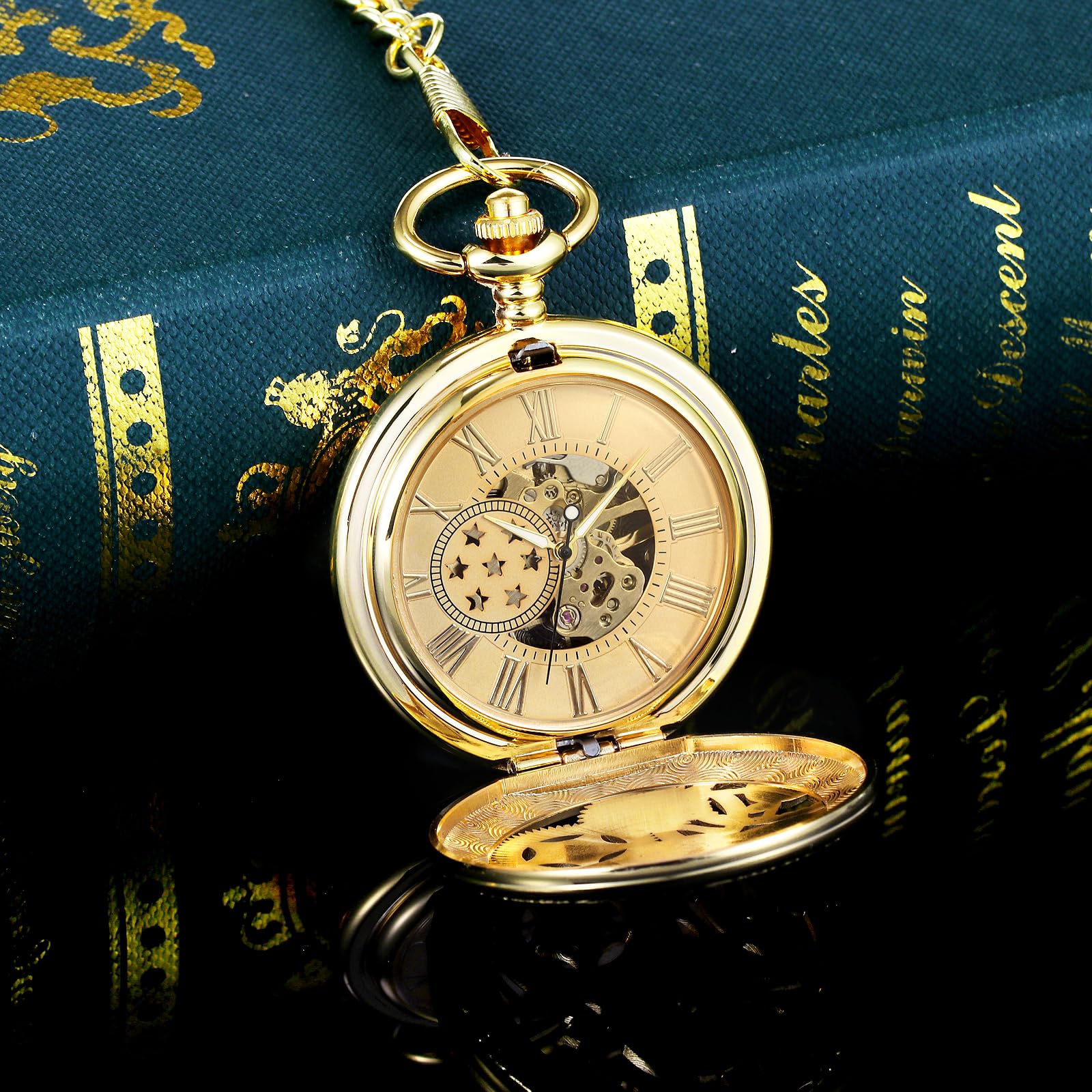 TREEWETO Reloj de bolsillo para hombre con cadena, diseño de transmisión retro, doble tapa, reloj de cadena mecánico antiguo, números romanos para padre, abuelo, cumpleaños, aniversario