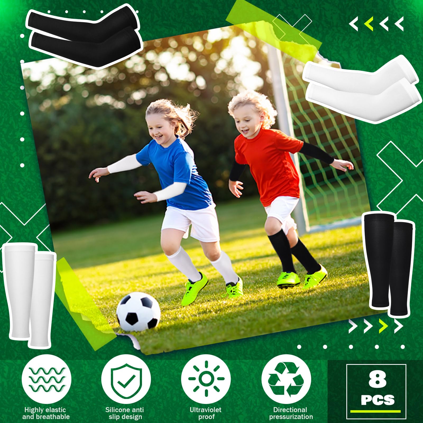 RoundFunny 4 Paar Kompressions-Beinstulpen und Armstulpen für Basketball, Jugendliche, Fußball, Fußball, Sportstulpen für Jungen und Mädchen, Schwarz, Weiß, Einheitsgröße, Schwarz, schwarz, weiß, One