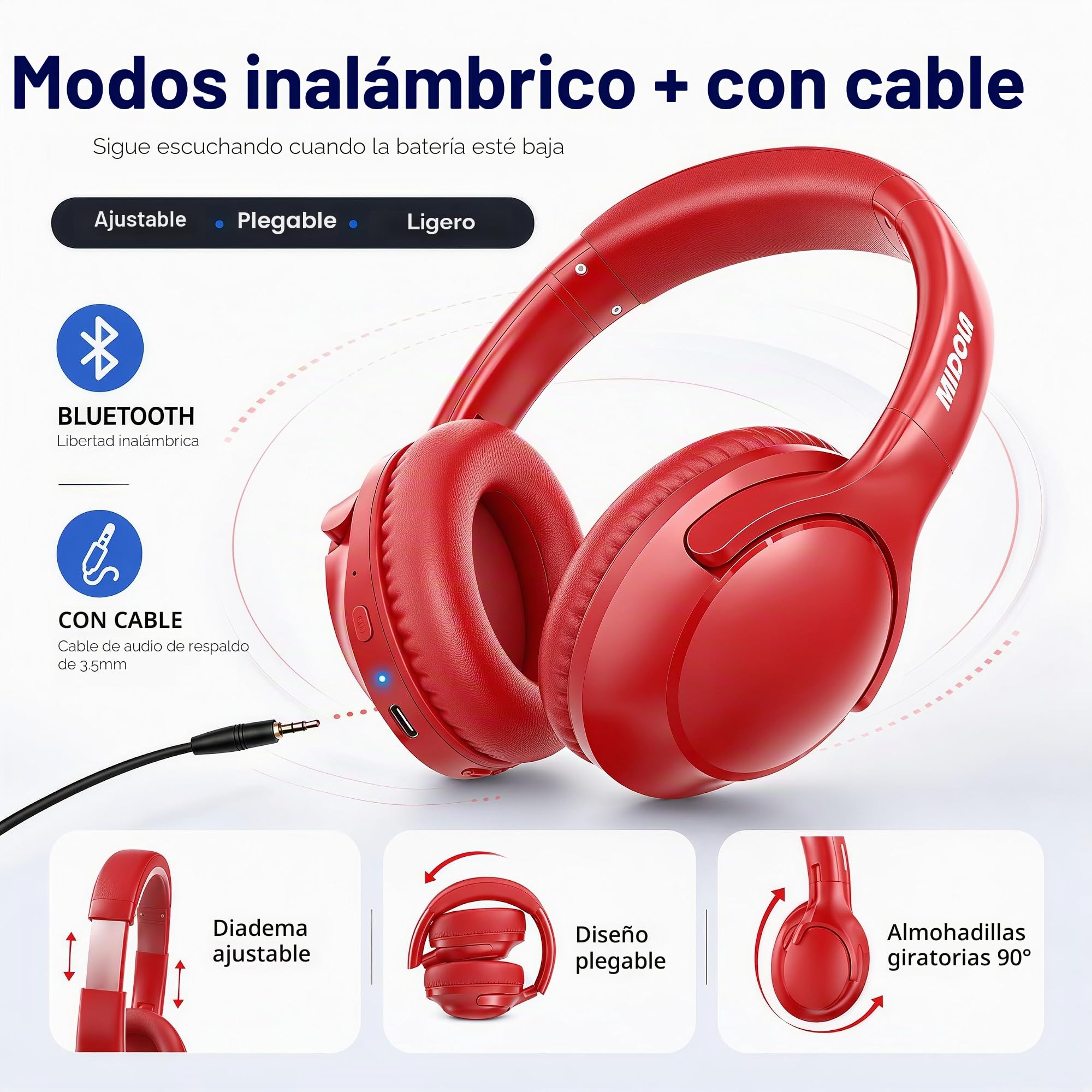 MIDOLA Auriculares Bluetooth sobre la oreja 68H Tiempo de reproducción 6 EQ Auriculares inalámbricos con micrófono HiFi Estéreo Plegable Ligero Deep Bass para Viajes Casa Oficina Teléfono Celular Rojo