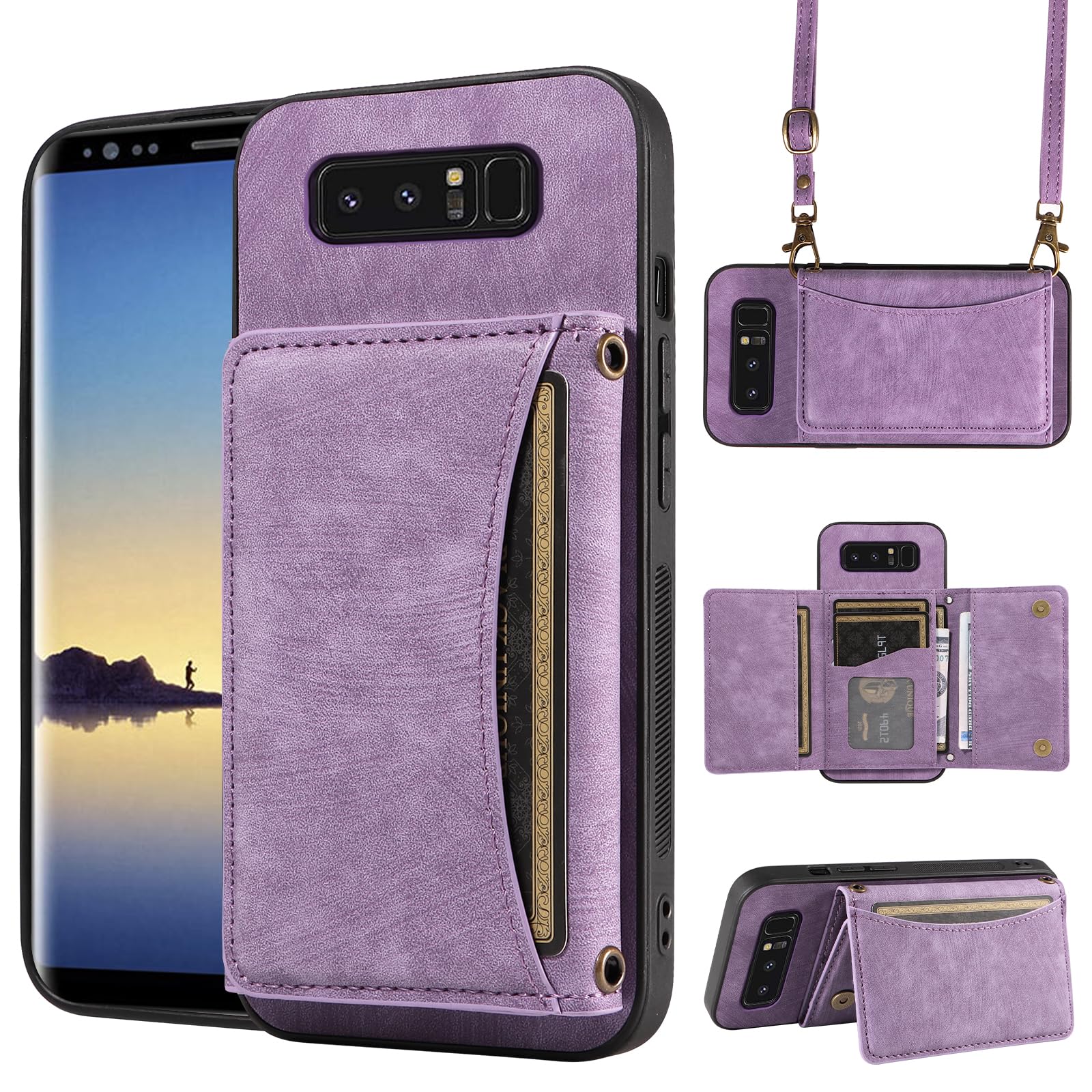 Phone Case For Samsung Galaxy Note 8 Wallet Cover with Crossbody Shoulder Strap and Leather Credit Card Holder Pocket Slim...