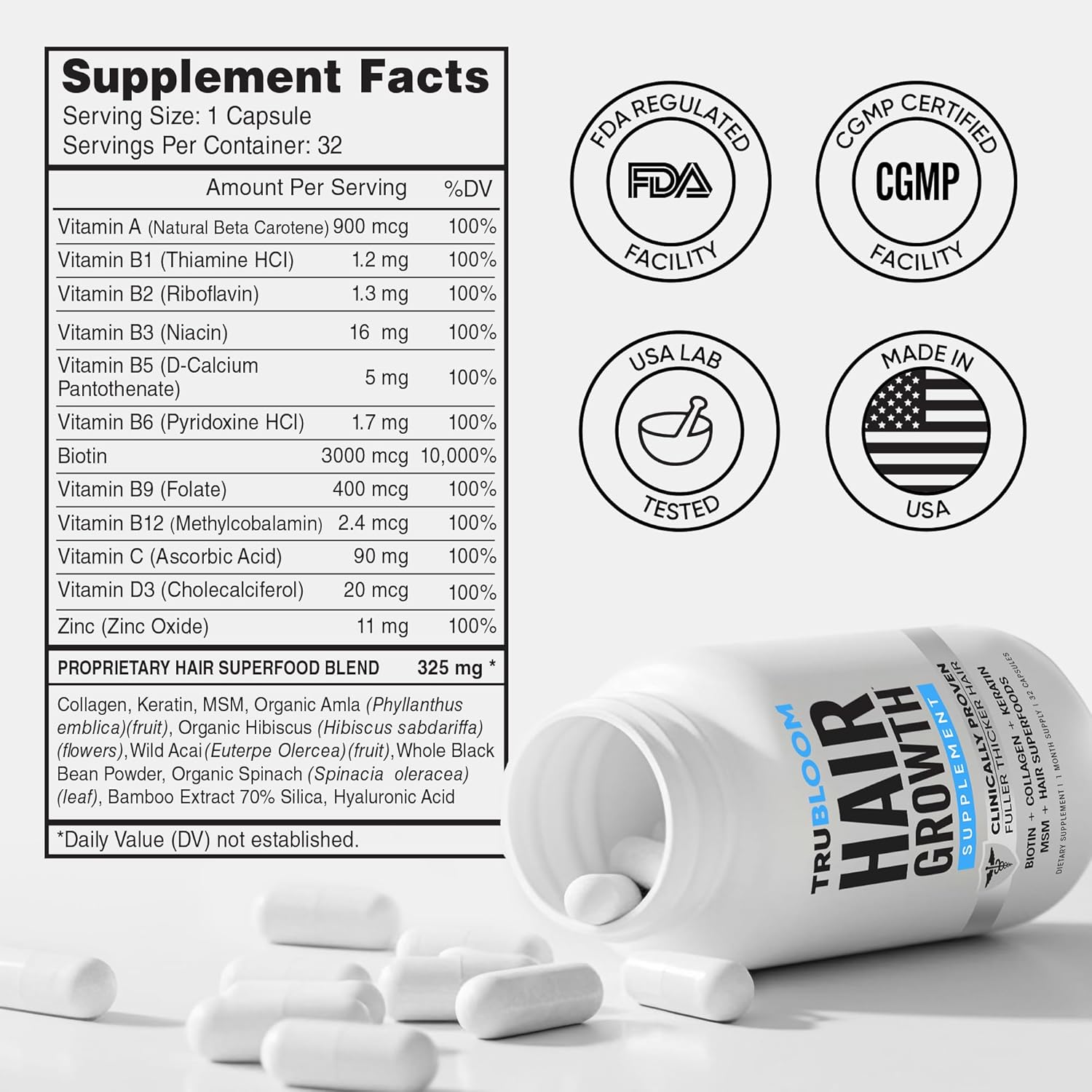 Tru Bloom Hair Growth Vitamins - Clinically Proven & Dermatologist-Tested to Grow Fuller & Thicker Hair | Drug-Free Hair Growth Products with Biotin, Collagen, Keratin, MSM, Zinc & D3-1 Month Supply