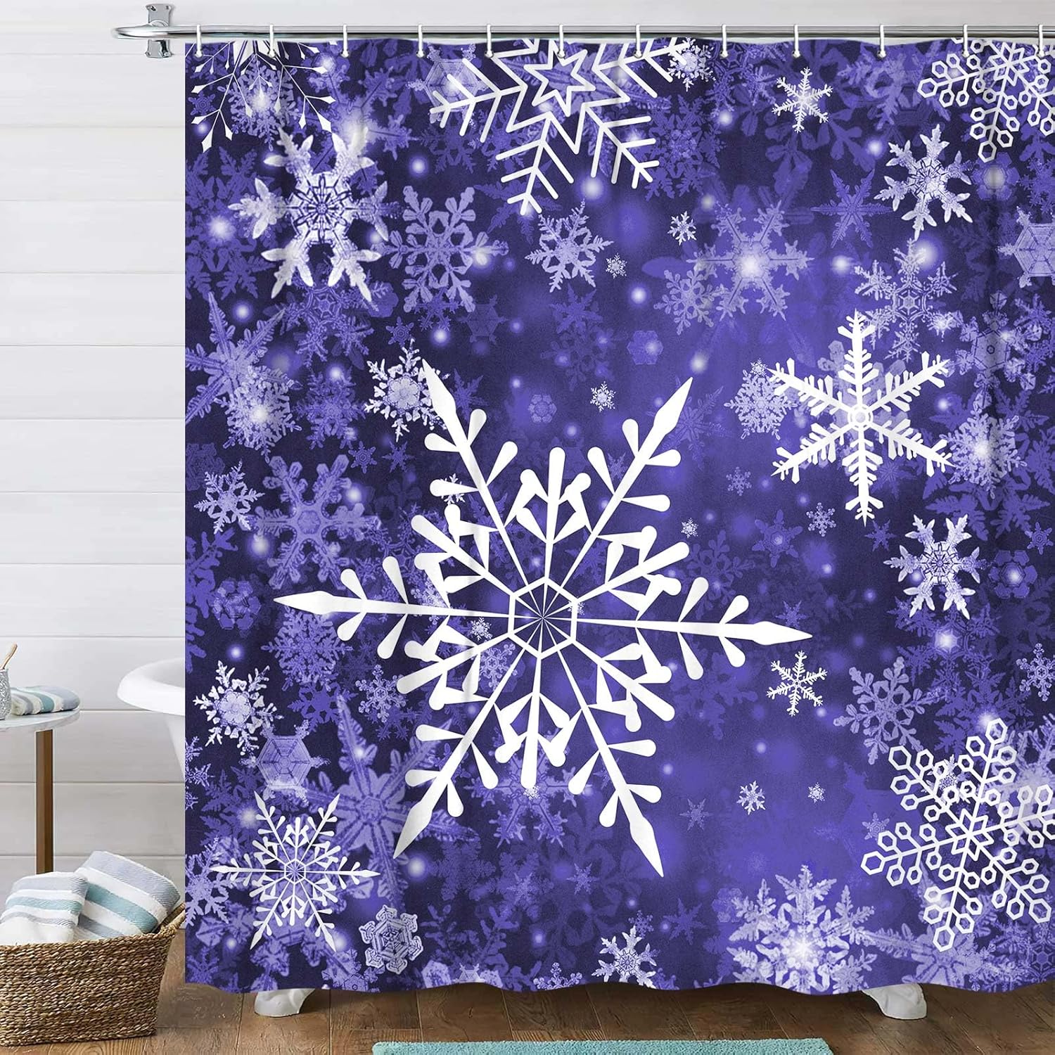 DYNH Christmas Snowflake Shower Curtain Set for Bathroom, Winter Purple Decorative Curtains, 72X75IN