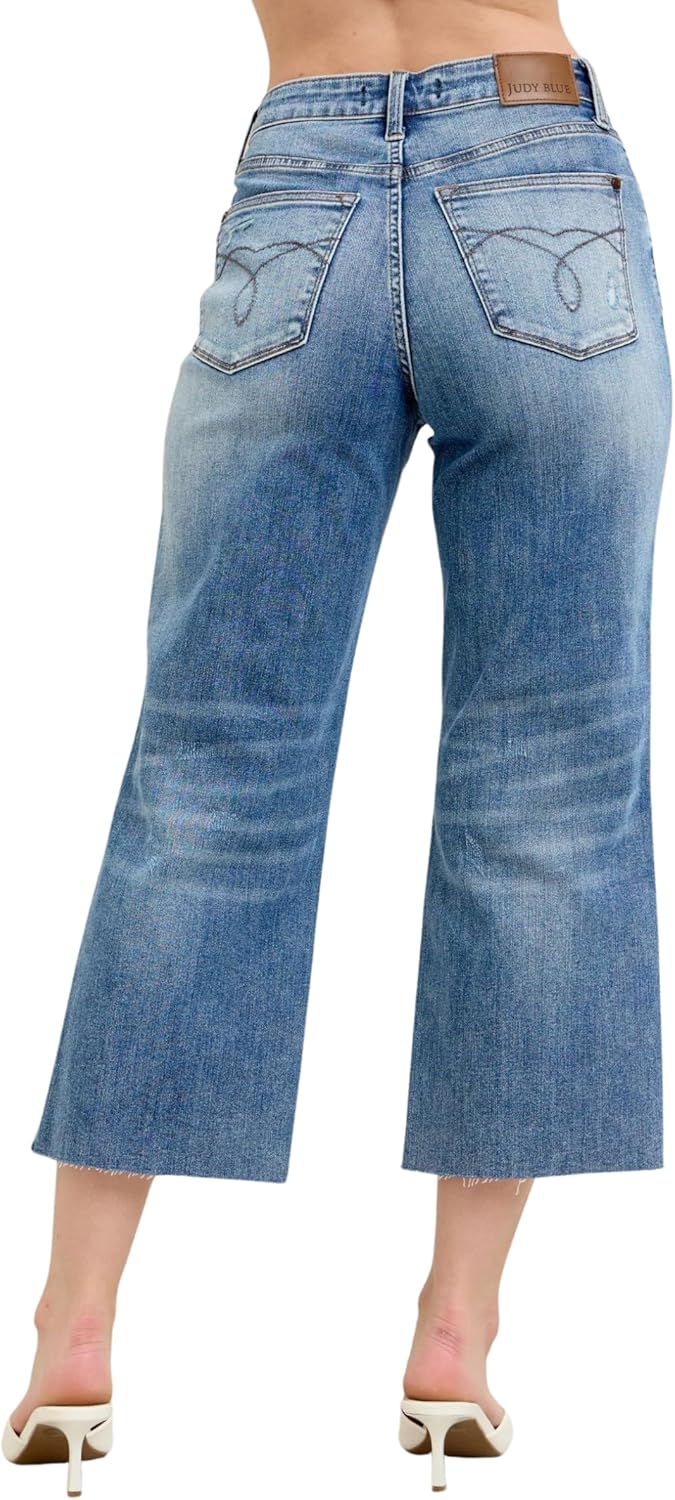 Judy Blue High Waist Back Pocket Embroidery Raw Cut Hem Crop Wide 88475 - Image 8