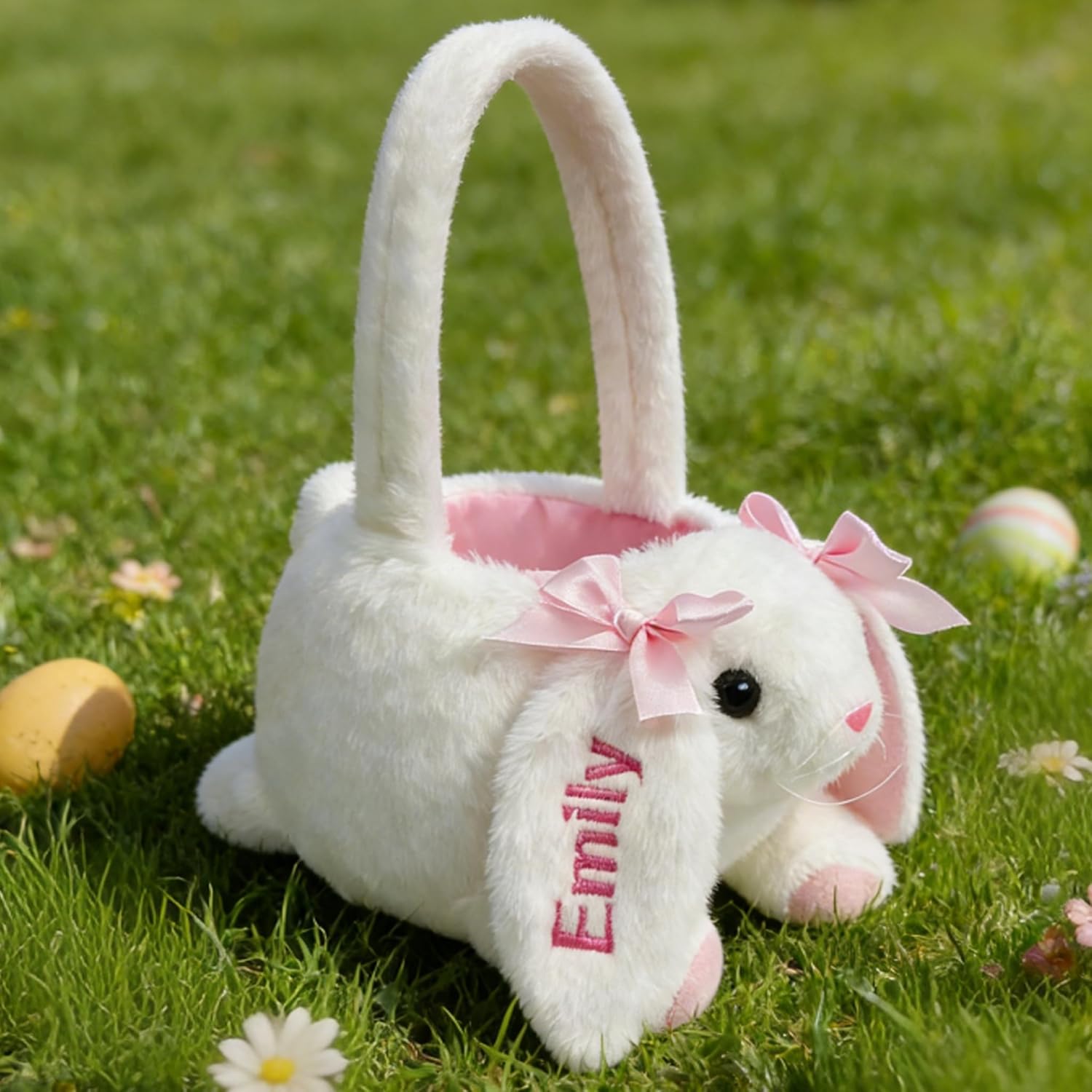 Personalized 3D Plush Bunny Easter Basket Custom Embroidered Name, Soft Bunny Easter Egg Hunting Basket for Kids, Perfect Candy & Gift Bucket for Easter, Halloween & Birthday