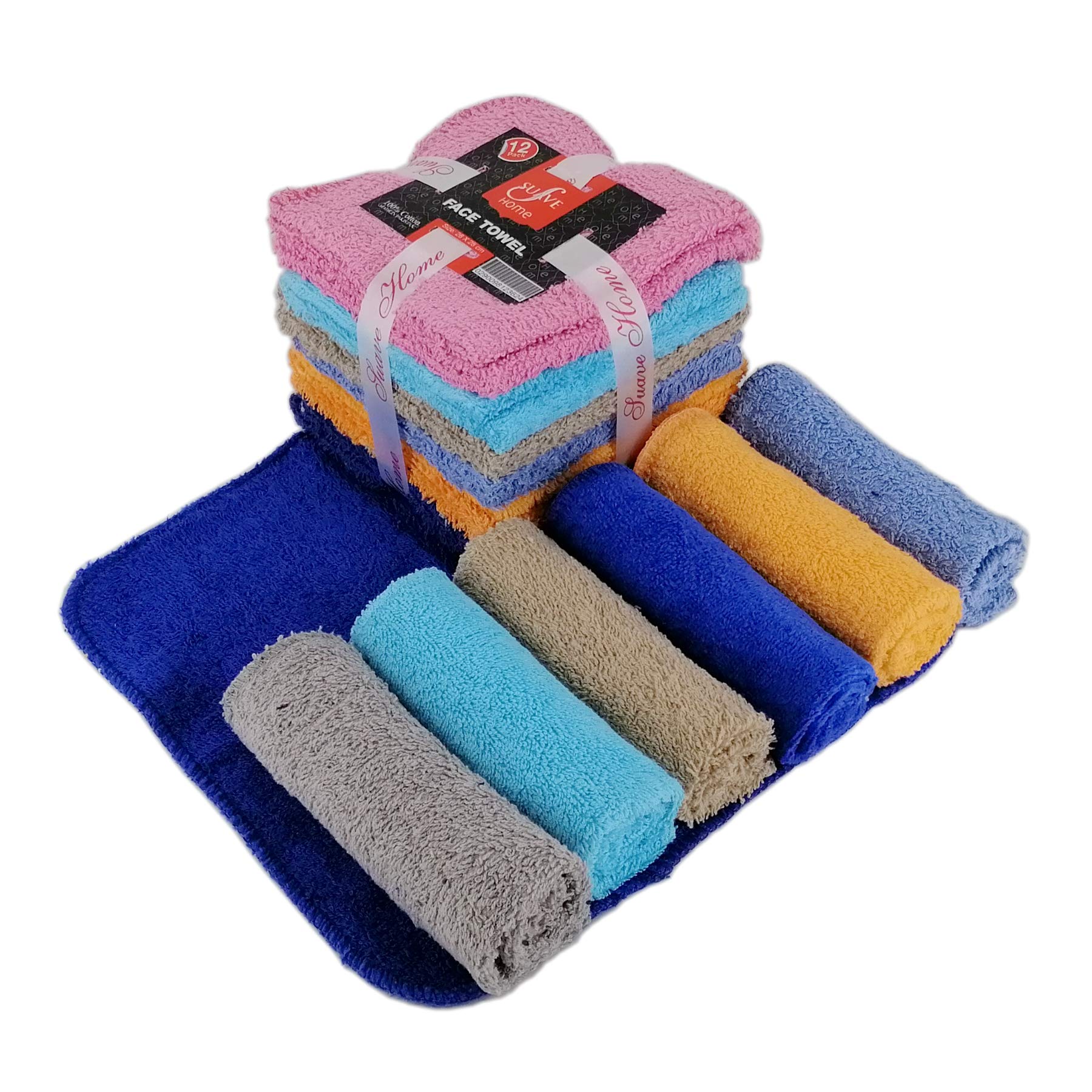 SuaveCotton Washcloth Face Towel Set (24 Pack, 11 x 11 Inches) Multi-purpose Extra Soft Fingertip Towels, Highly Absorbent Face Cloths, Machine Washable Sport and Workout Towels.