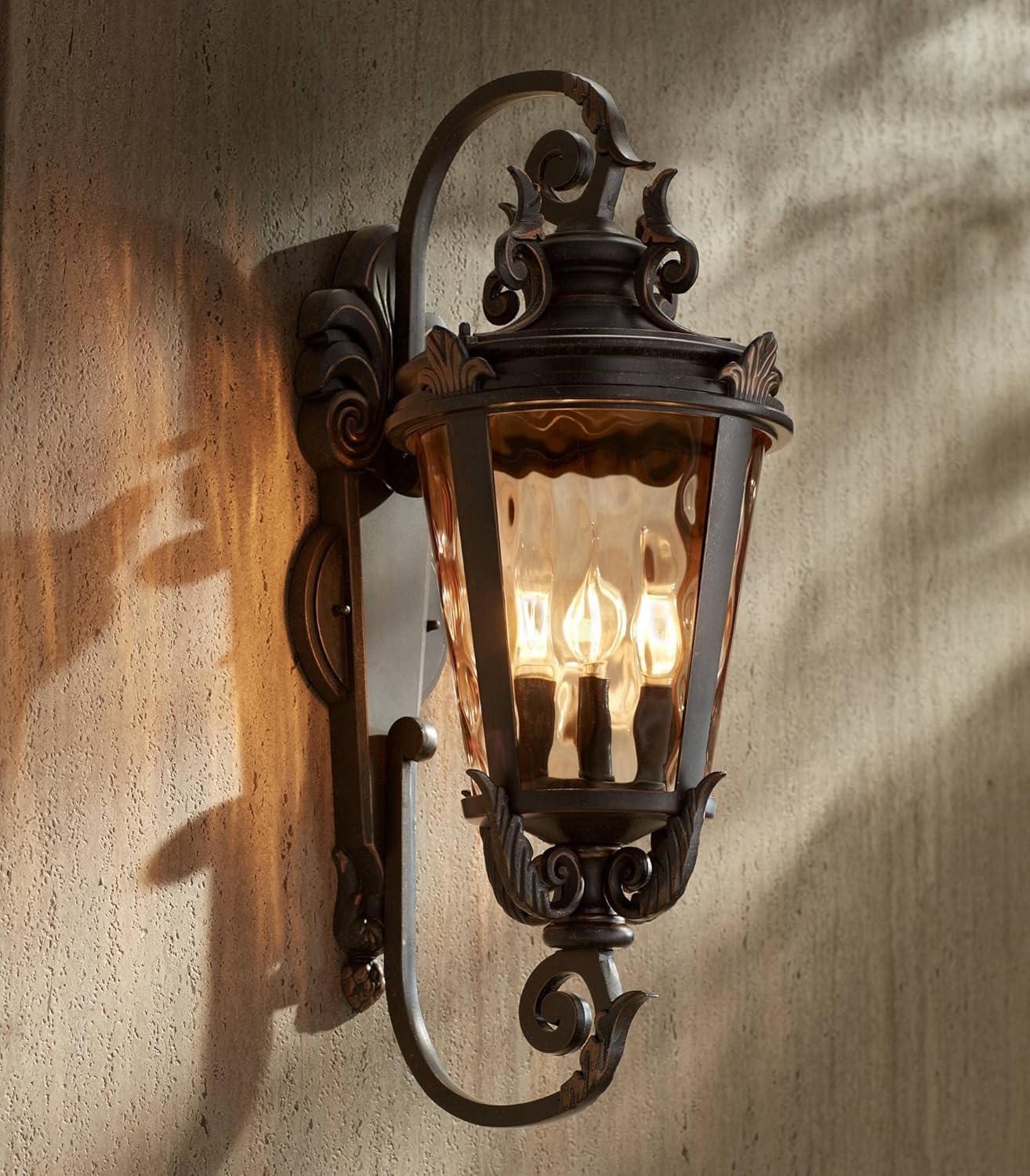 John Timberland Casa Marseille Rustic Industrial Outdoor Wall Light Fixture Warm Bronze Scroll 27 1/2" Hammered Glass for Exterior House Porch Patio Outside Deck Garage Yard Front Door Garden Home