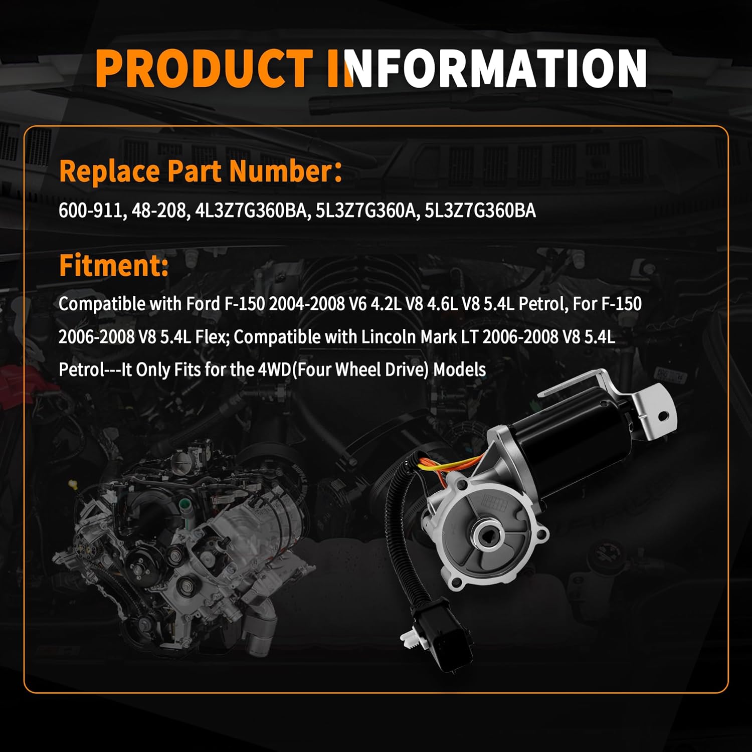 5L3Z7G360A Transfer Case Motor 4WD Compatible with 2004-2008 Ford F150 4.2L 4.6L 5.4L, 2006-2008 Lincoln Mark LT 5.4L Replace 4L3Z7G360BA 5L3Z7G360BA 600-911