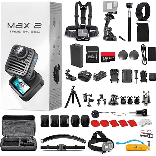 GoPro MAX 2 8K 360 Action Camera (MAX2) - Swappable Replaceable Lenses | HyperSmooth Stabilization | Waterproof 5m | POV Mode for Travel & Vlogging with 50 Piece Accessory Kit + 64GB Card + More