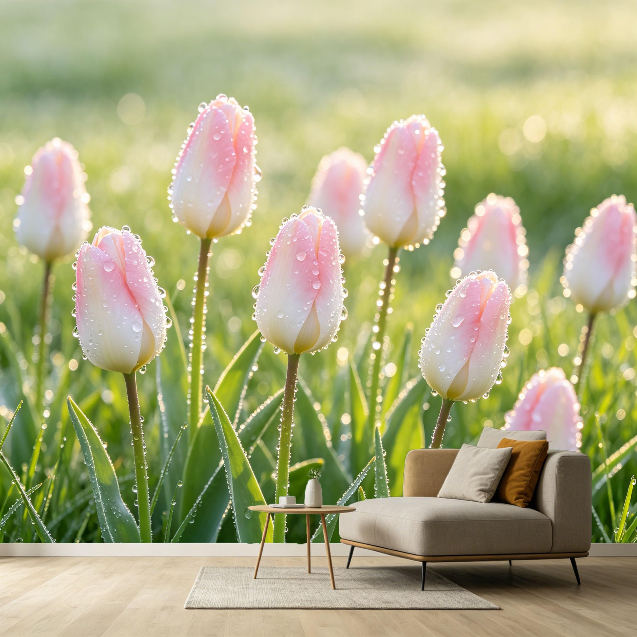 Custom Size Wall Murals Pink Tulips Floral Botanical Watercolor Morning Dew Drops SelfAdhesive Wall Fabric Removable Large Wallpaper for Photo Living Room Bedroom Decor