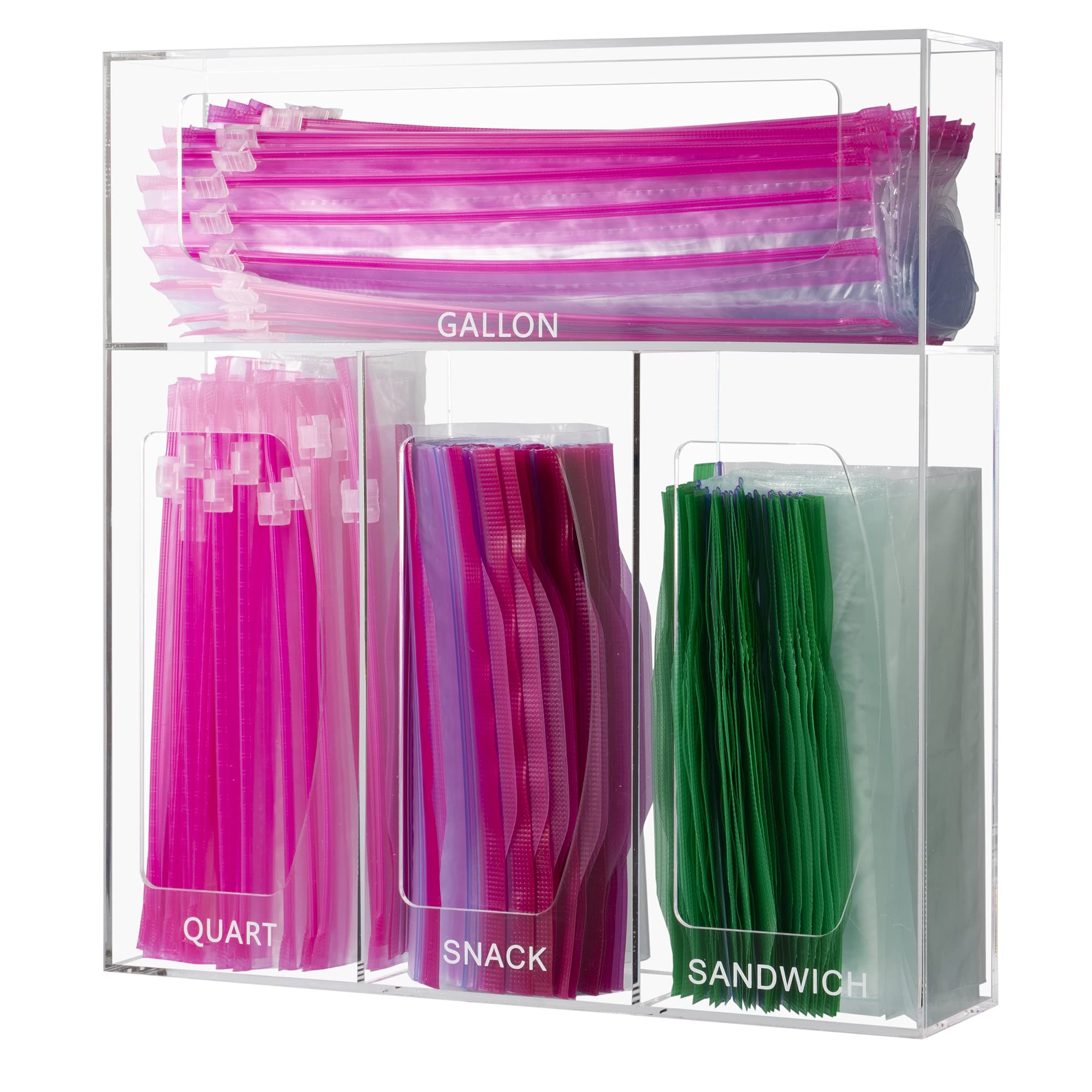 SEANADOAcrylic Ziplock Bag Storage Organizer, Bamboo Baggie Organizer Dispenser for Kitchen Drawer and Wall Mount，Compatible with Ziploc, Gallon, Quart, Sandwich & Snack Variety Size Bag(Clear)