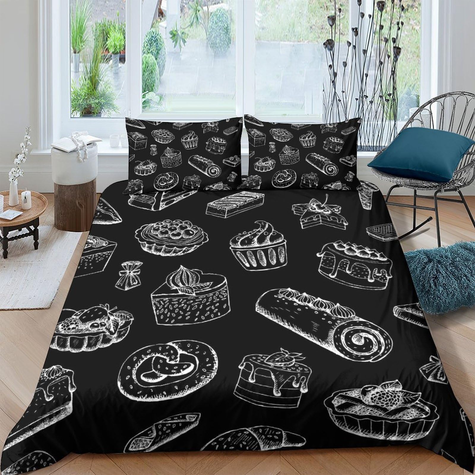 Ctjqhvkz Style-5 3D Printed Chalk Cake Fitted Sheet Microfiber Soft Black Dessert Bed Cover For Bedroom Guest Room Decor Mattress Protection Single（135X200cm）